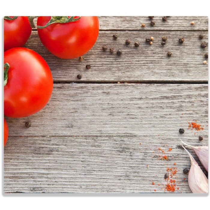 Wallario Herd-Abdeckplatte Tomaten und Gewürze auf altem Holztisch ESG-Sicherheitsglas (Glasplatte 1 tlg. inkl. 5mm Noppen) verschiedene Größen