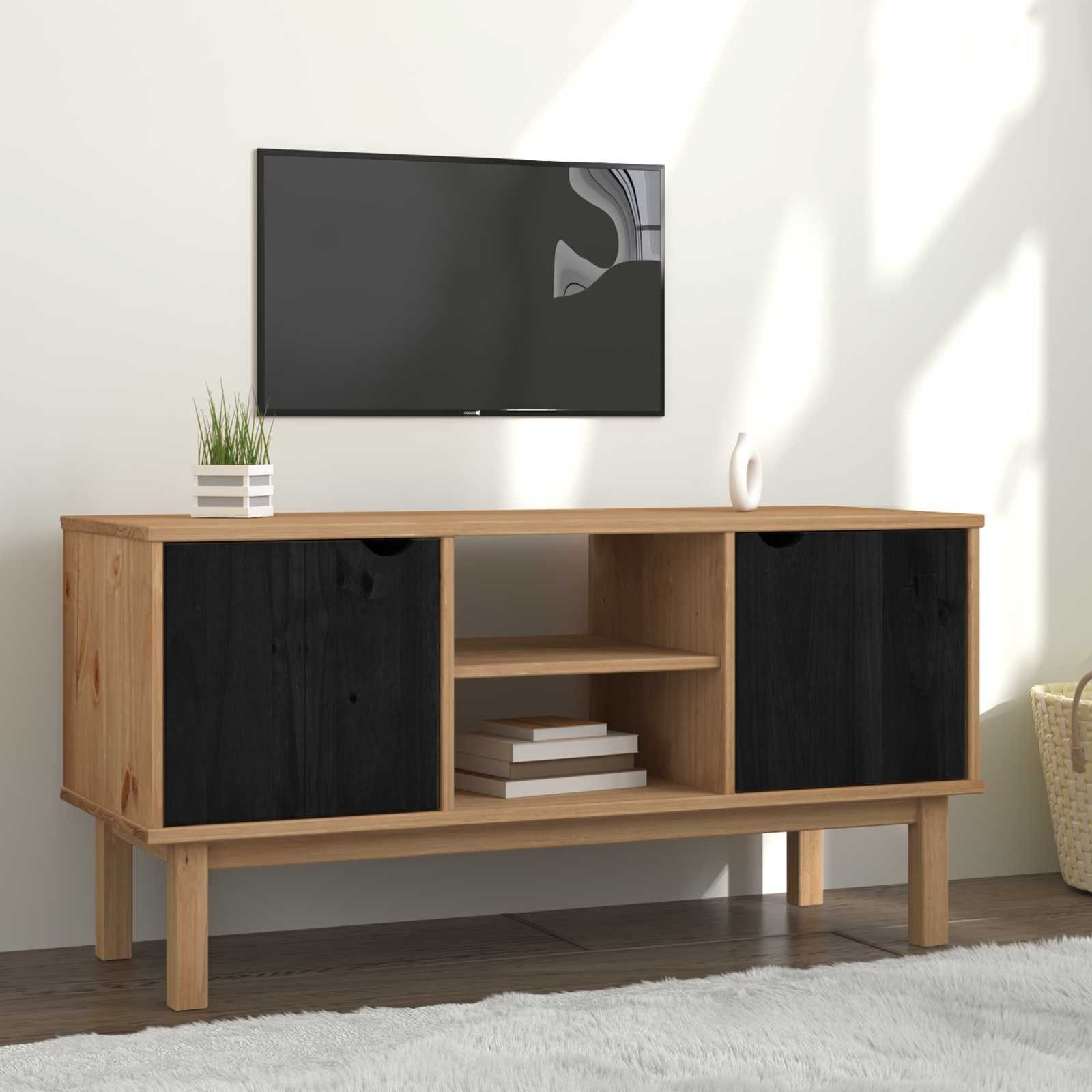 furnicato TV-Schrank TV-Lowboard Massivholz 113,5 x 43 x 57 cm Schwarz (1-St) Gewachstes Medienboard mit viel Stauraum für dein Wohnzimmer