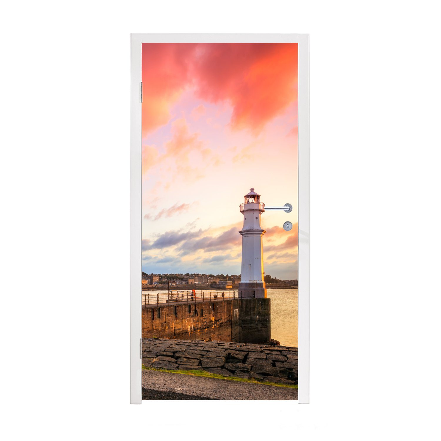 MuchoWow Türtapete Leuchtturm - Meer - Horizont - Edinburgh, Matt, bedruckt, (1 St), Fototapete für Tür, Türaufkleber, 75x205 cm