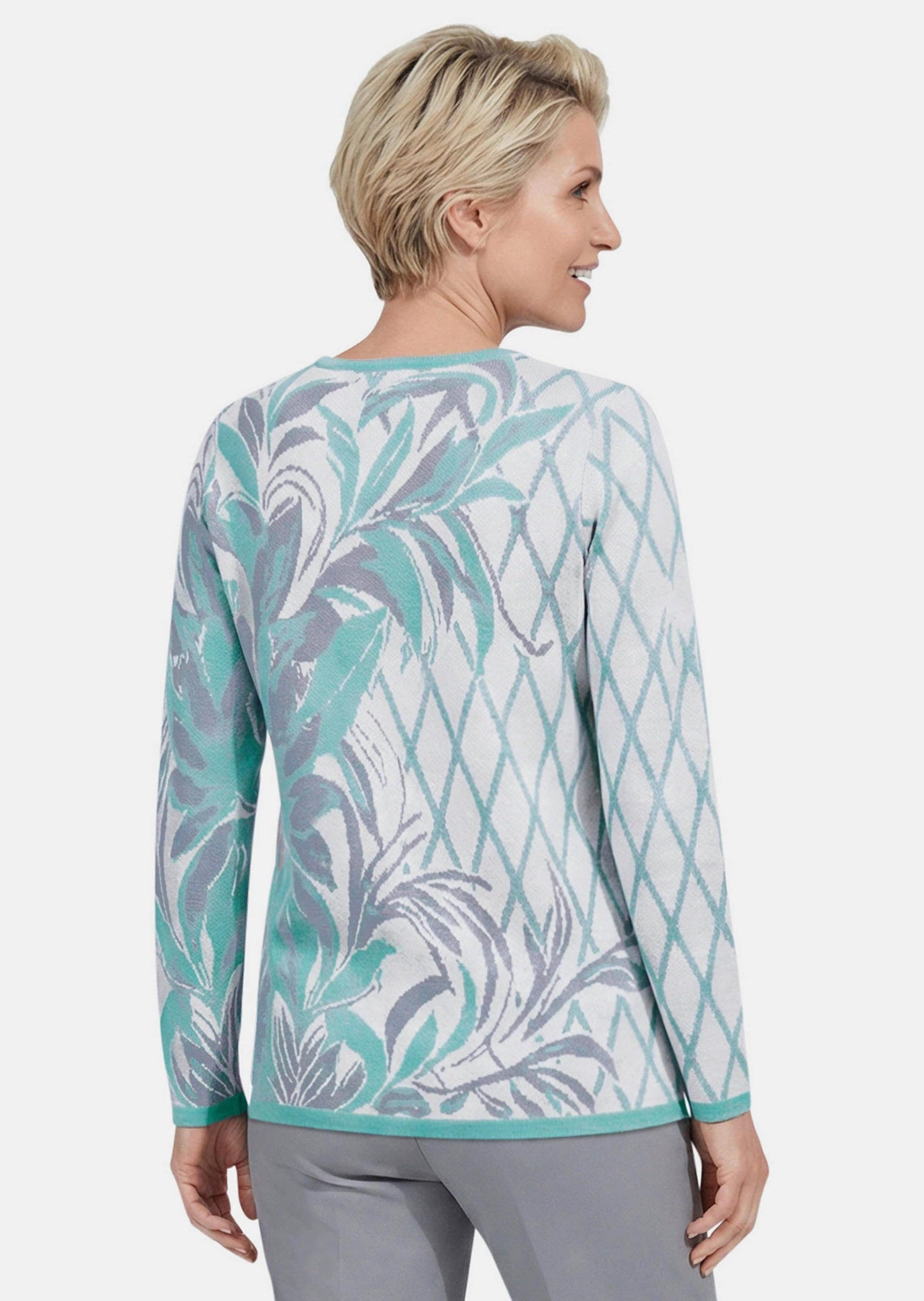 GOLDNER Strickpullover Jacquardpullover mit Rundhals Weicher Feinstrick aus Baumwollmischung mit Blatt- und Rautenmuster