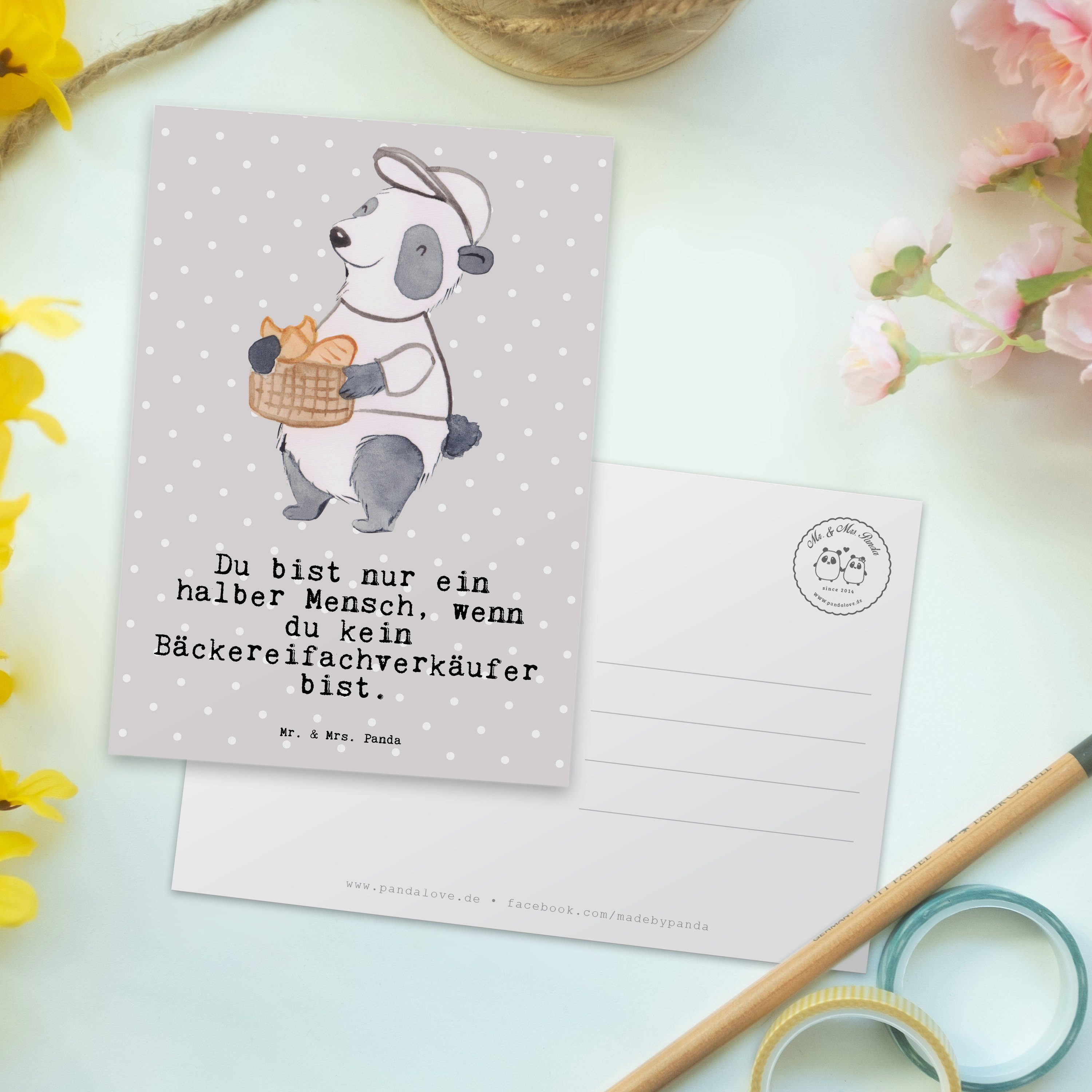 Mr. & Mrs. Panda Postkarte Geschenk, Pastell - Herz Karte, - Bäckereifachverkäufer Grau Gesc mit