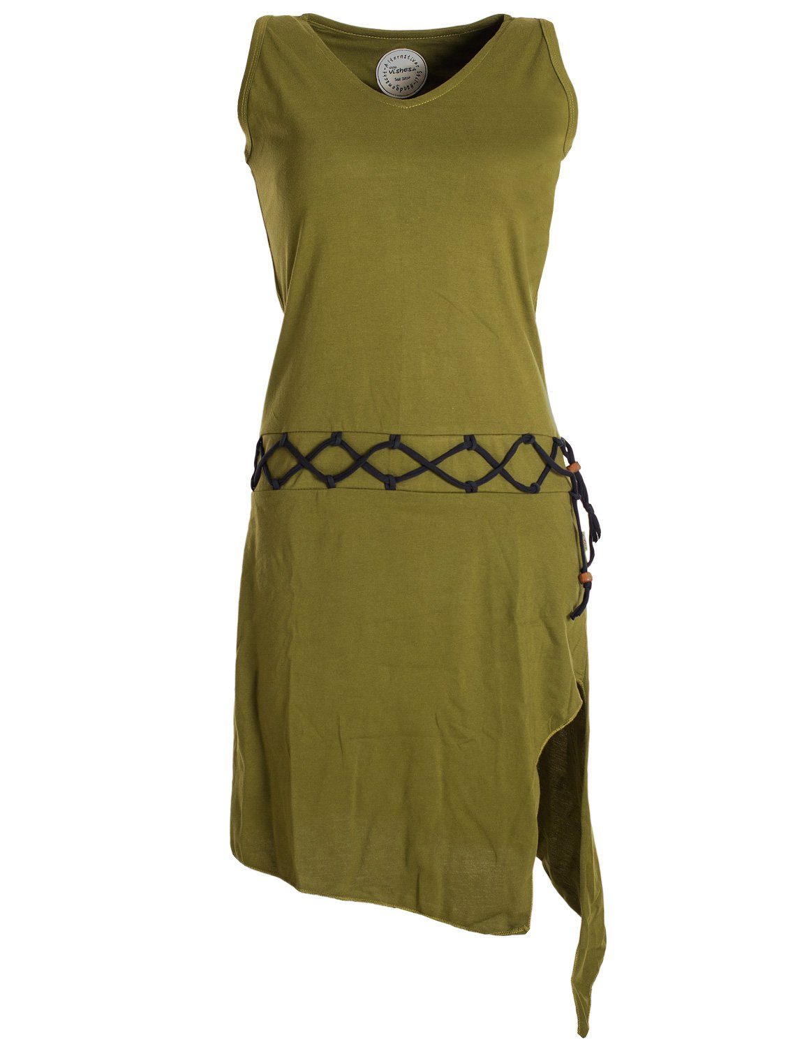 Vishes Sommerkleid Ärmelloses Kleid asymmetrisch Beinausschnitt Gürtel-Schnürung Hippie, Boho, Goa Elfen Style olive