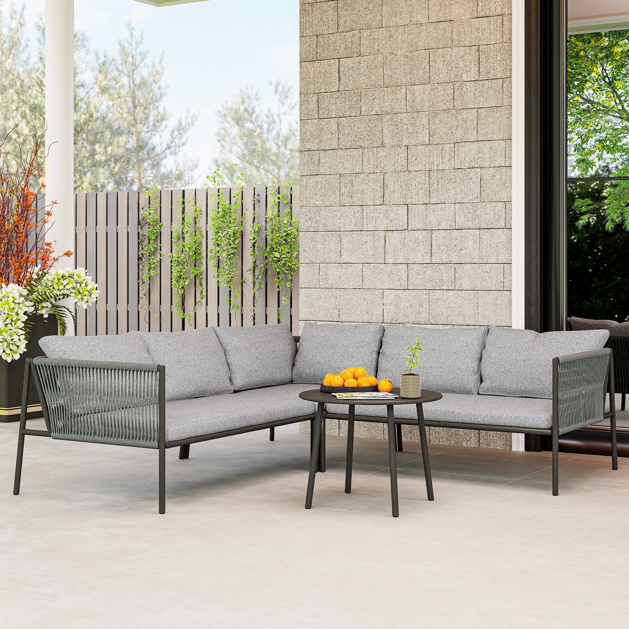 Outsunny Sitzgruppe wetterfest Outdoor Terrassenmöbel mit Ecksofa Tisch Kissen, (4 teiliges Lounge-Set, 4-tlg., Gartenmöbel Set aus Polyrattan), für 6 Personen, für Garten, Balkon, Dunkelgrau