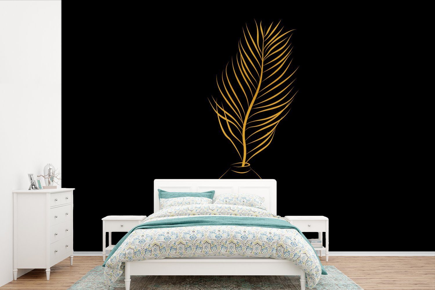 MuchoWow Fototapete Topf - Pflanze - Gold - Linienkunst, Matt, bedruckt, (6 St), Wallpaper für Wohnzimmer, Schlafzimmer, Kinderzimmer, Vinyl Tapete