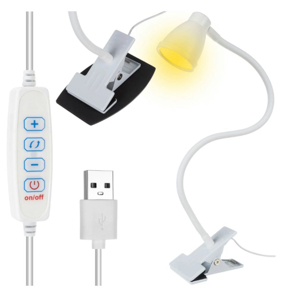 ISO TRADE Lampenschirm Schreibtischlampe LED 360°drehbar 10 Helligkeitsstufen, USB klemmbar Flexiblel Farbe: Weiß / white