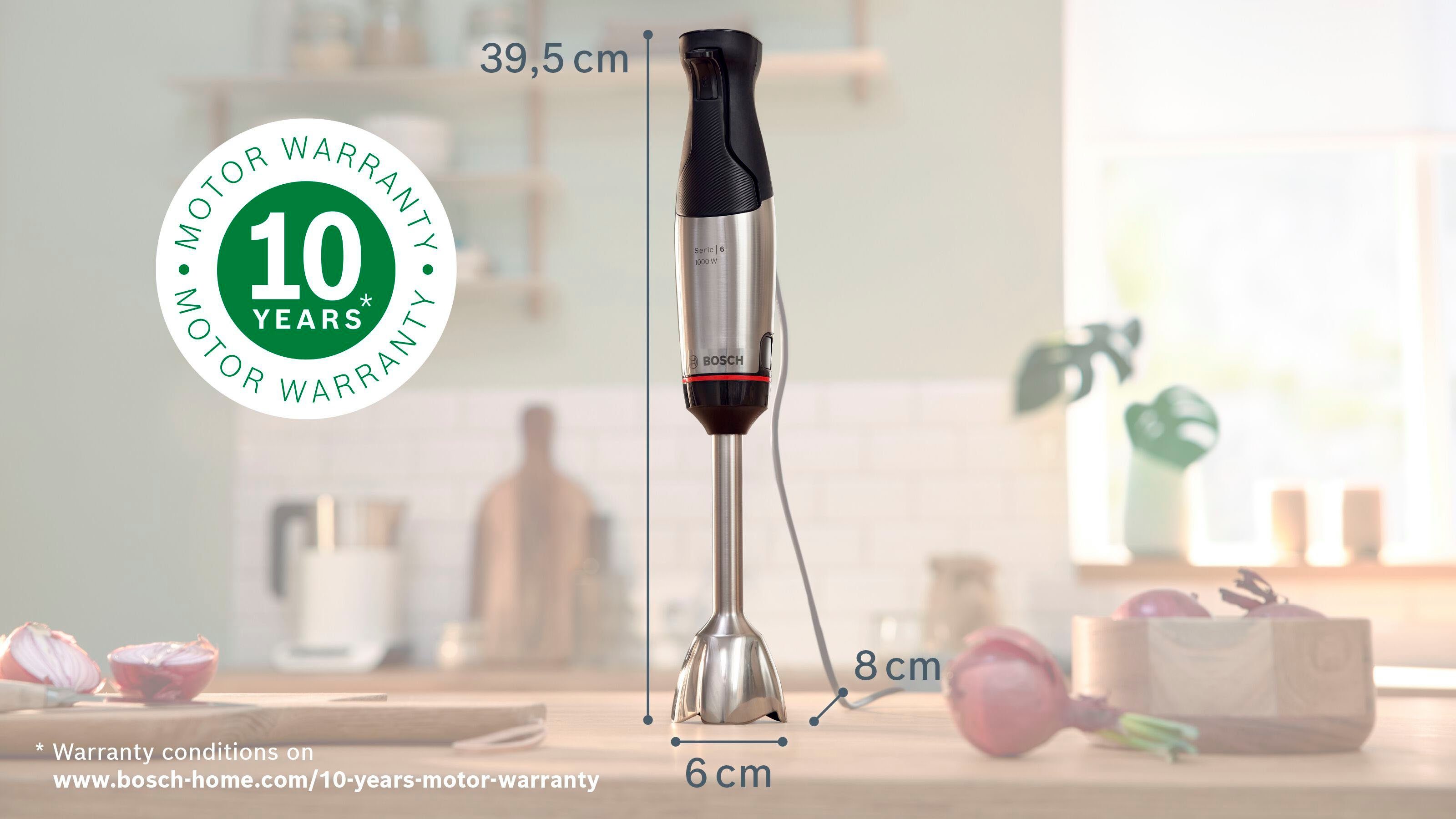 BOSCH Stabmixer ErgoMaster Serie 6 MSM6M610, 4 Klingen, Mixfuß Edelstahl, schwarz, 1000 W, Becher, luftgekühlter Motor, Keramikkupplung, 10 J Motorgarantie