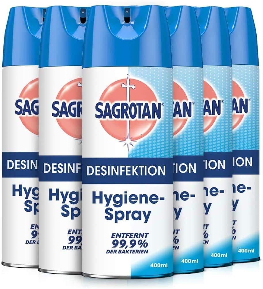 SAGROTAN Hygiene-Spray Aerosol 6 x 400ml Oberflächen-Desinfektionsmittel (Vorratspack, [6-St. Entfernt 99,9% der Bakterien)