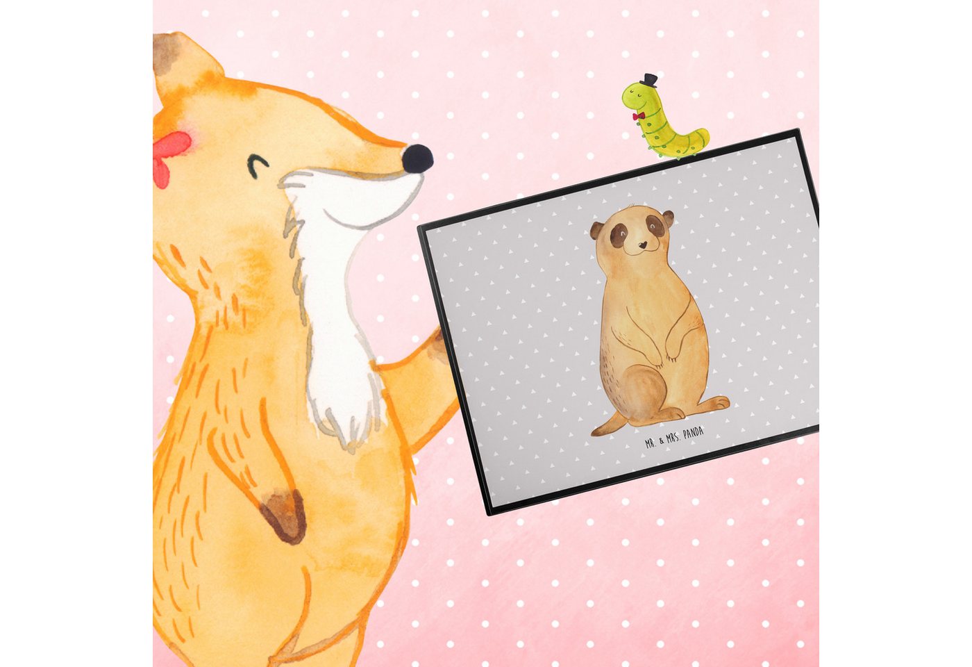Thumbnail - Mr. & Mrs. Panda Schreibtischunterlage Erdmännchen - Grau Pastell - Geschenk, Wildtiere, Schreibtischunterla, (Packung, ...