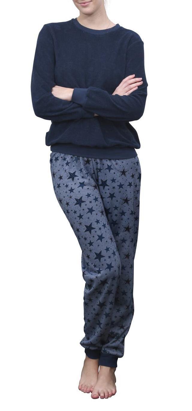 Pyjama Damen Frottee Schlafanzug mit Bündchen und Sterne als Motiv