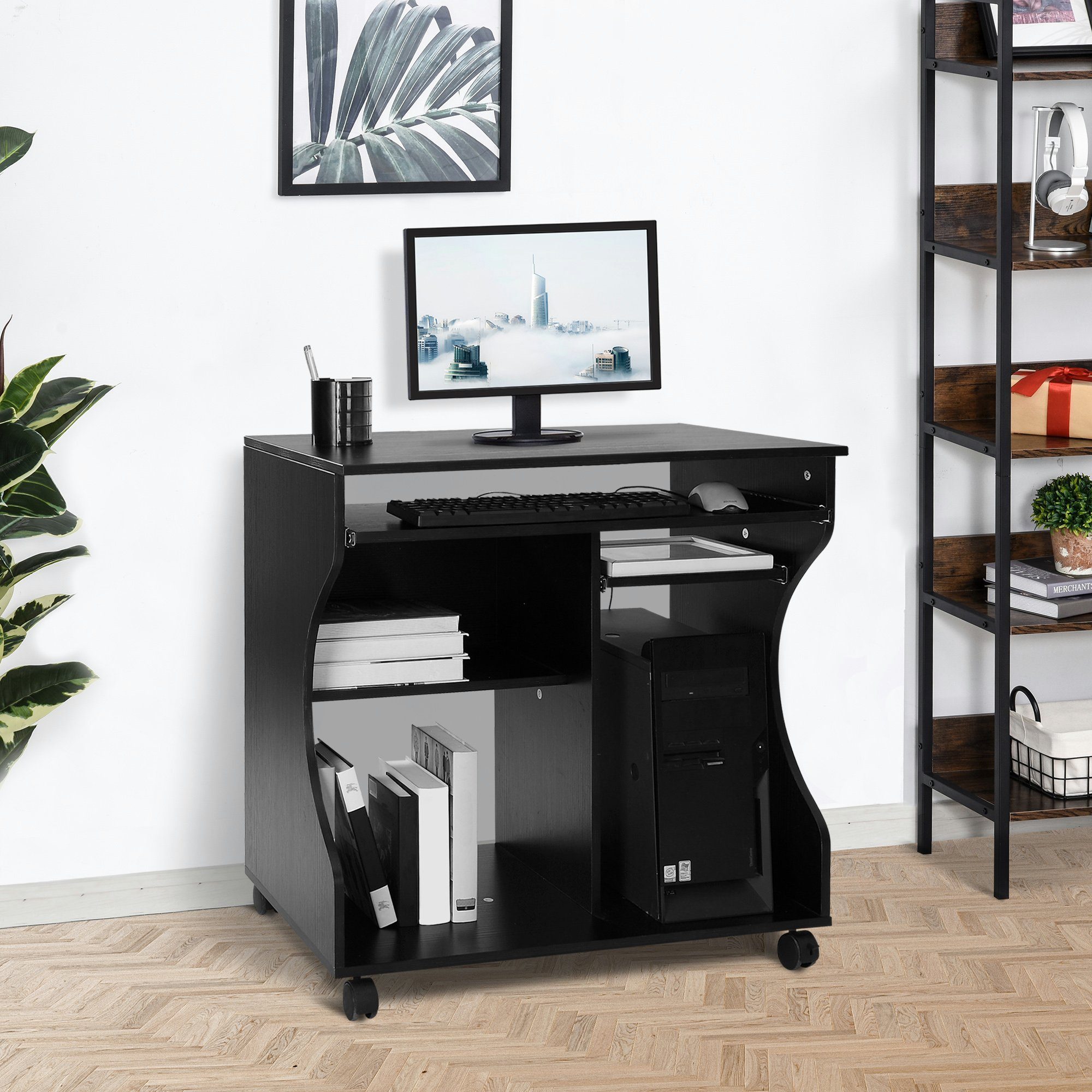 HOMCOM Computertisch Eckschreibtisch Winkelschreibtisch Schreibtisch (PC Tisch, 1-St., Bürotisch), Schwarz 80 x 48 x 76 cm