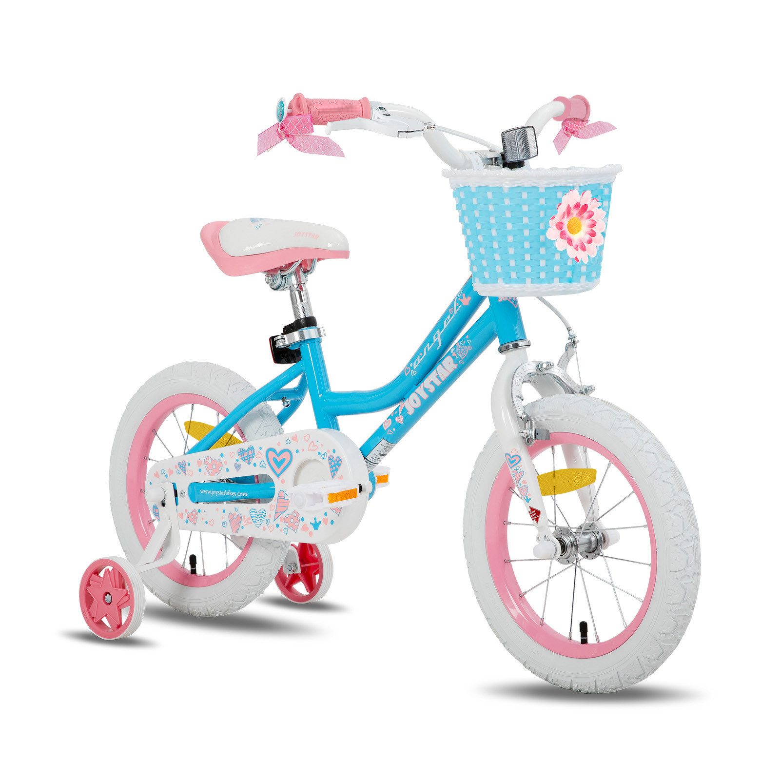 JOYSTAR Kinderfahrrad 12 14 16 18 Zoll Mädchenfahrrad, 2 - 9 Jahre,Geschenk für Prinzessin, 1 Gang, Mit Hilfsrädern, farbigen Bändern, Korb, Reflektor, Kettenabdeckung