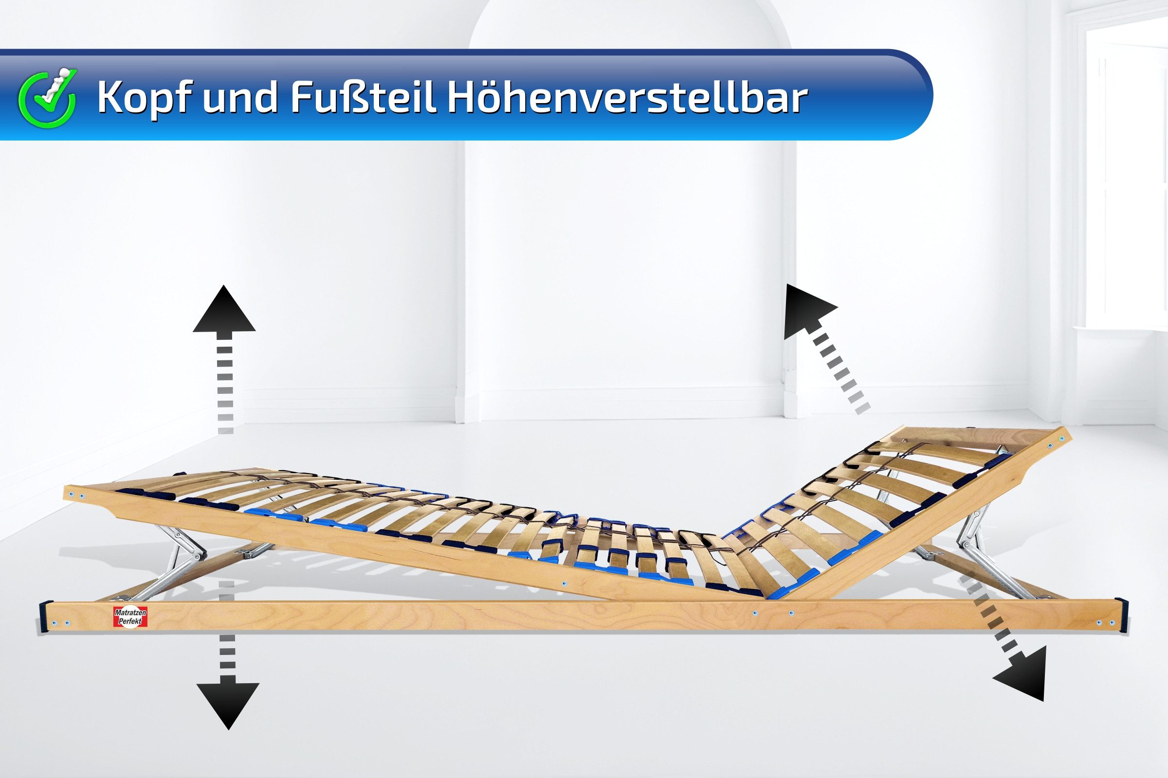 Lattenrost 28 Leisten, verstellbar, stabilisierender Mittelgurt MONTIERT, Matratzen Perfekt, Kopfteil 8 Fach Verstellbar, Fußteil 8 Fach Verstellbar, Spar-Set, verstellbarer Lattenrost, made in Germany