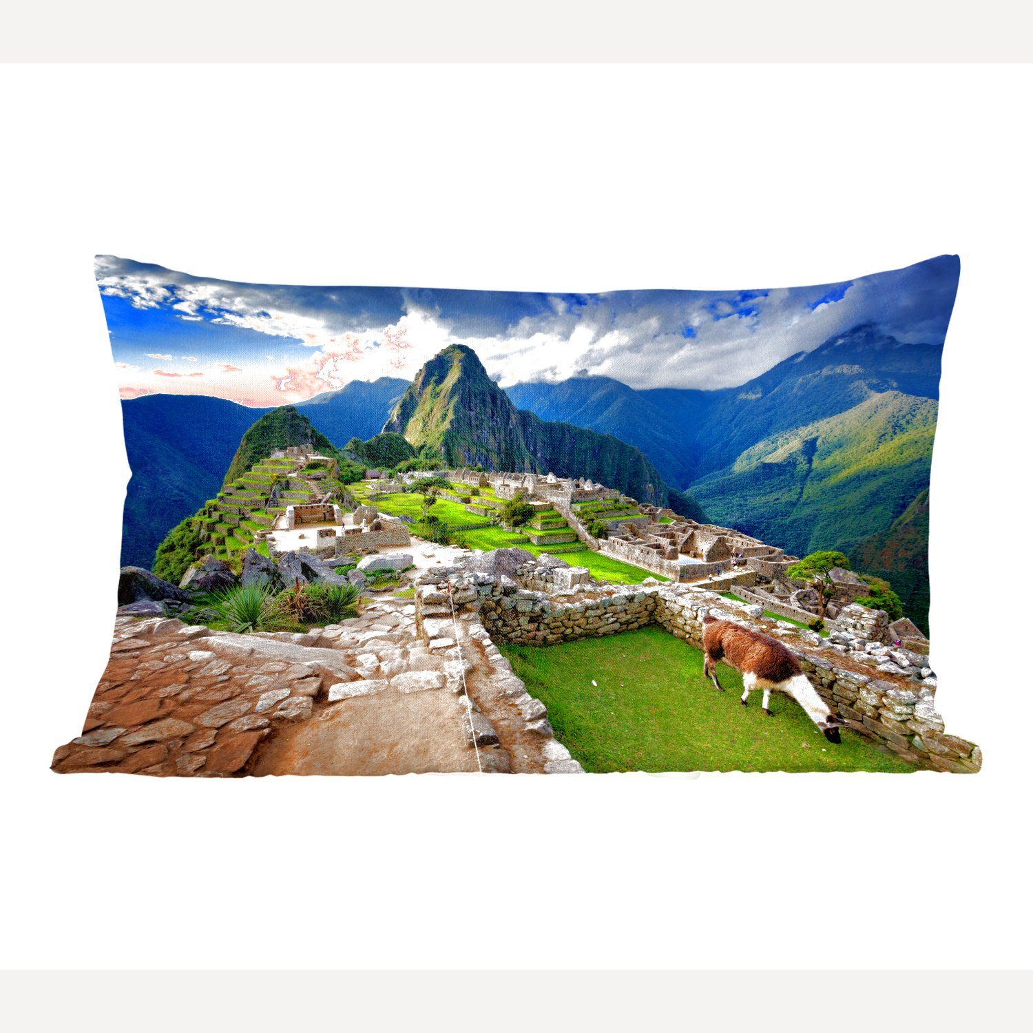 Zierkissen, Dekokissen MuchoWow Dekoration, Lama Picchu Schlafzimmer - Gras, Füllung, Machu - Wohzimmer mit Dekokissen