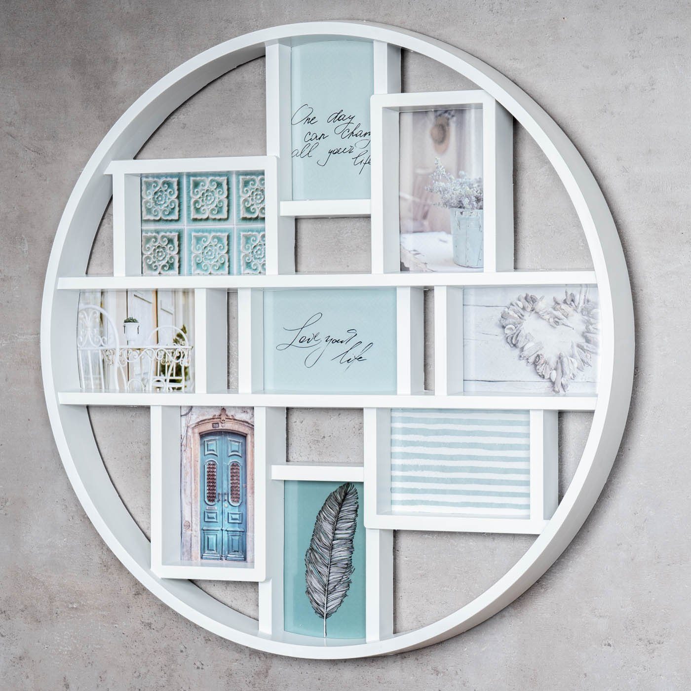 Levandeo® Bilderrahmen Collage, Bilderrahmen D55cm Collage 9 Fotos 10x15cm Weiß Rund Fotorahmen