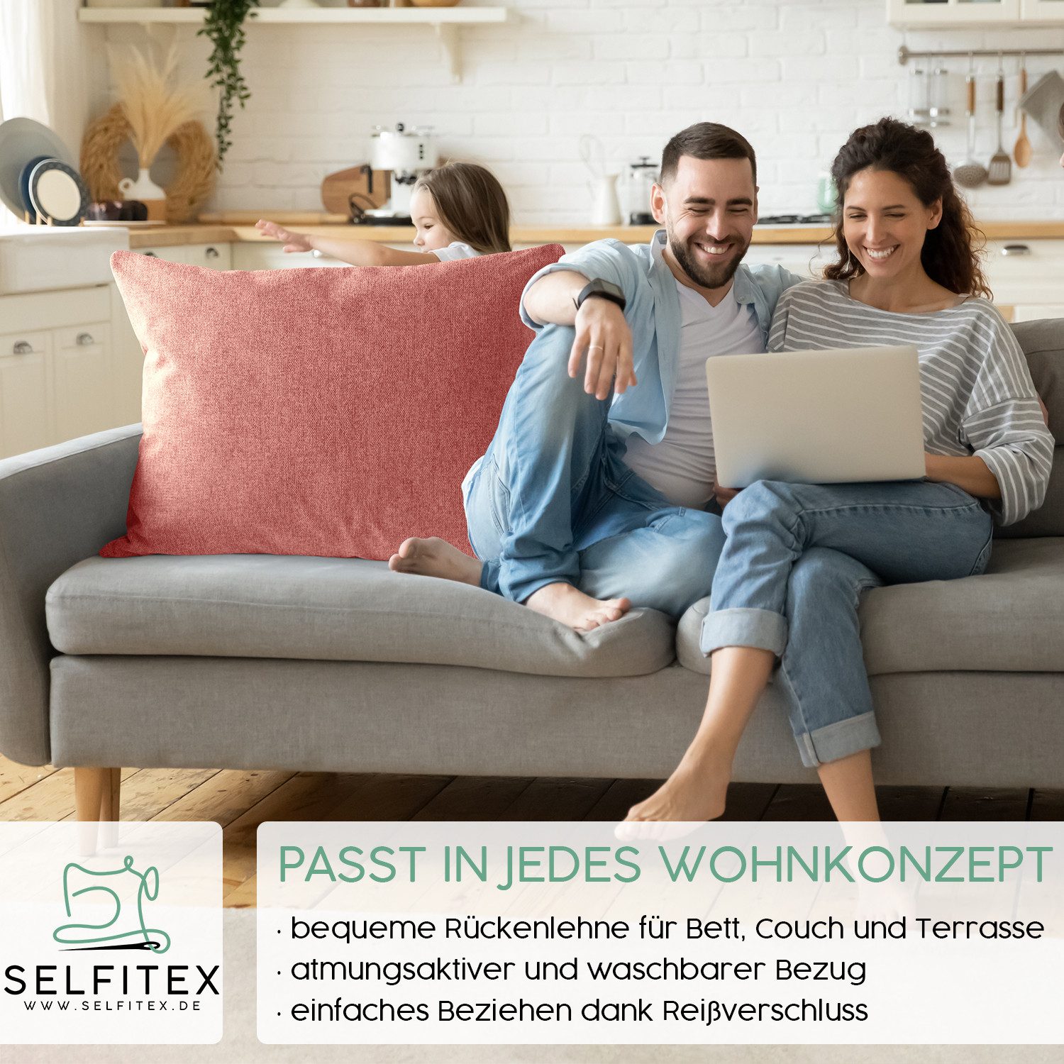 Selfitex Dekokissen 60x80 / 80x80 inkl. Füllkissen, große Farbauswahl, für Couch, Sofa und Bett