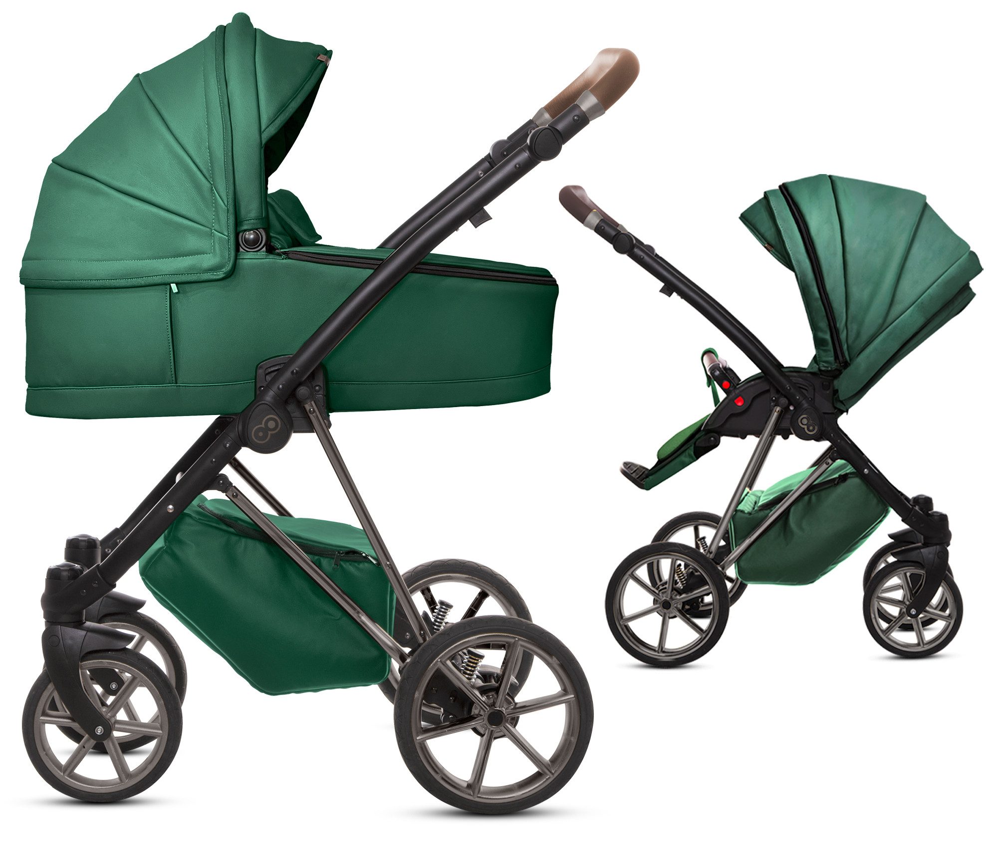 TPFFamily Kombi-Kinderwagen 2in1 Musse Royal, Baby Buggy Babywanne 5-Punkt-Sicherheitsgurt, Zubehör-Set Kinderwagen 2 in 1 Kunstleder Grün, Gestell Grau