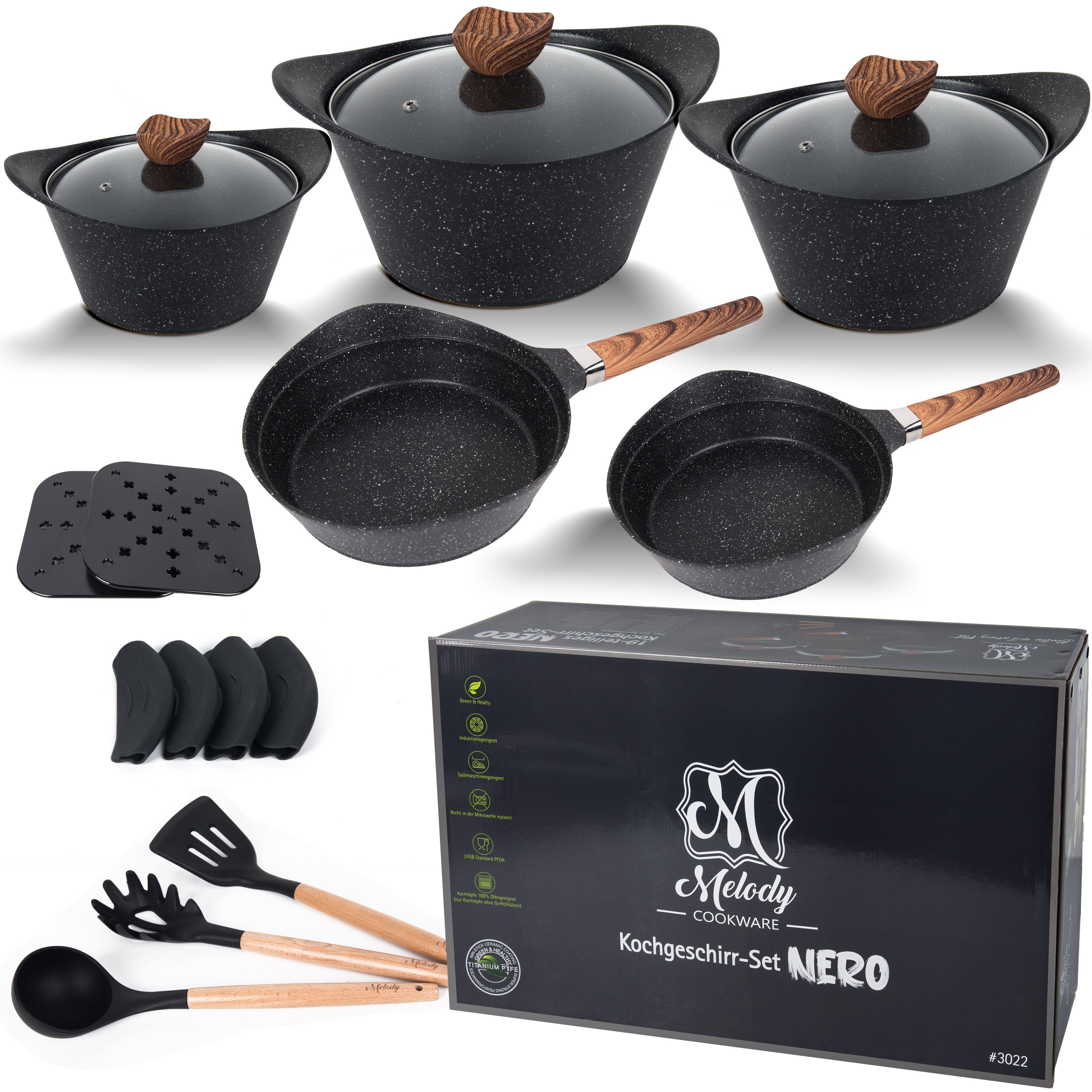 Melody Topf-Set Topfset Aluguss, Aluminiumguss (Set), Antihaftbeschichtet, Induktion, 20cm, 24cm, 28cm Nero-Black