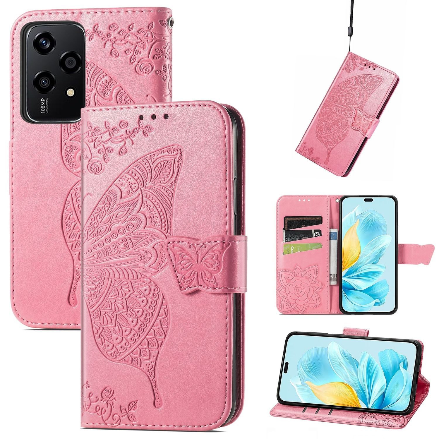 Wigento Smartphone-Hülle Für Honor 200 Lite Kunstleder Wallet Tasche Schmetterling Hülle Pink, Kunst-Leder Schutzhülle Smart Case Cover magnetischer Verschluss