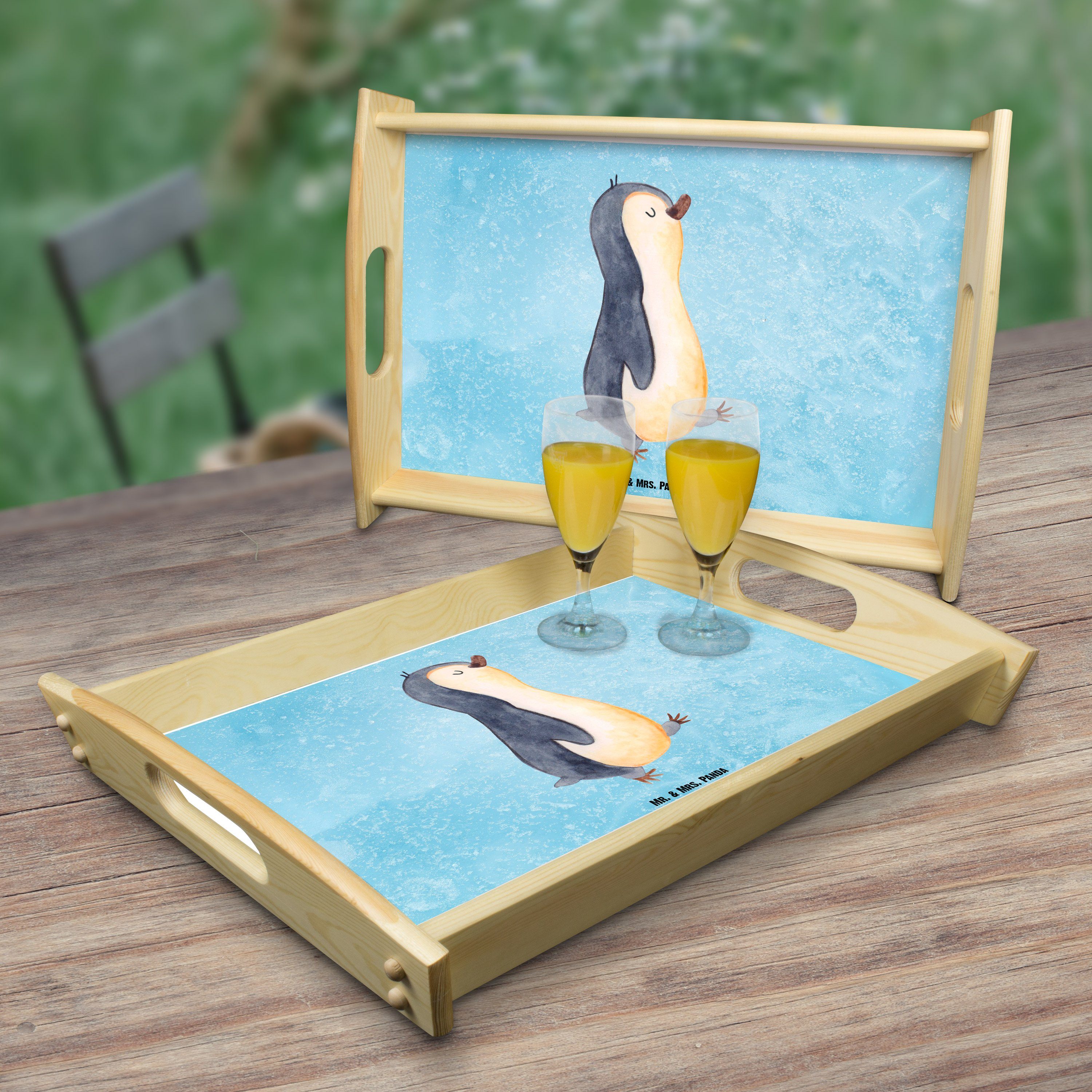 Pinguin Mr. Mrs. Tablett - Geschenk, lasiert, (1-tlg) marschierend & Eisblau Frühstückstablett, Frühauf, Echtholz - Panda