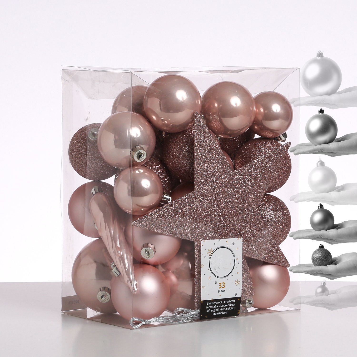 MARELIDA Weihnachtsbaumkugel Christbaumkugeln Weihnachtskugeln mit Stern Baumspitze rosa 33 Stück (33 St)