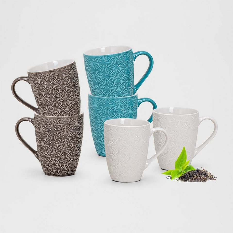 matches21 HOME & HOBBY Tasse Tassen 6er Set Kaffeetassen 250 ml Türkis,  Braun & Weiß, Keramik