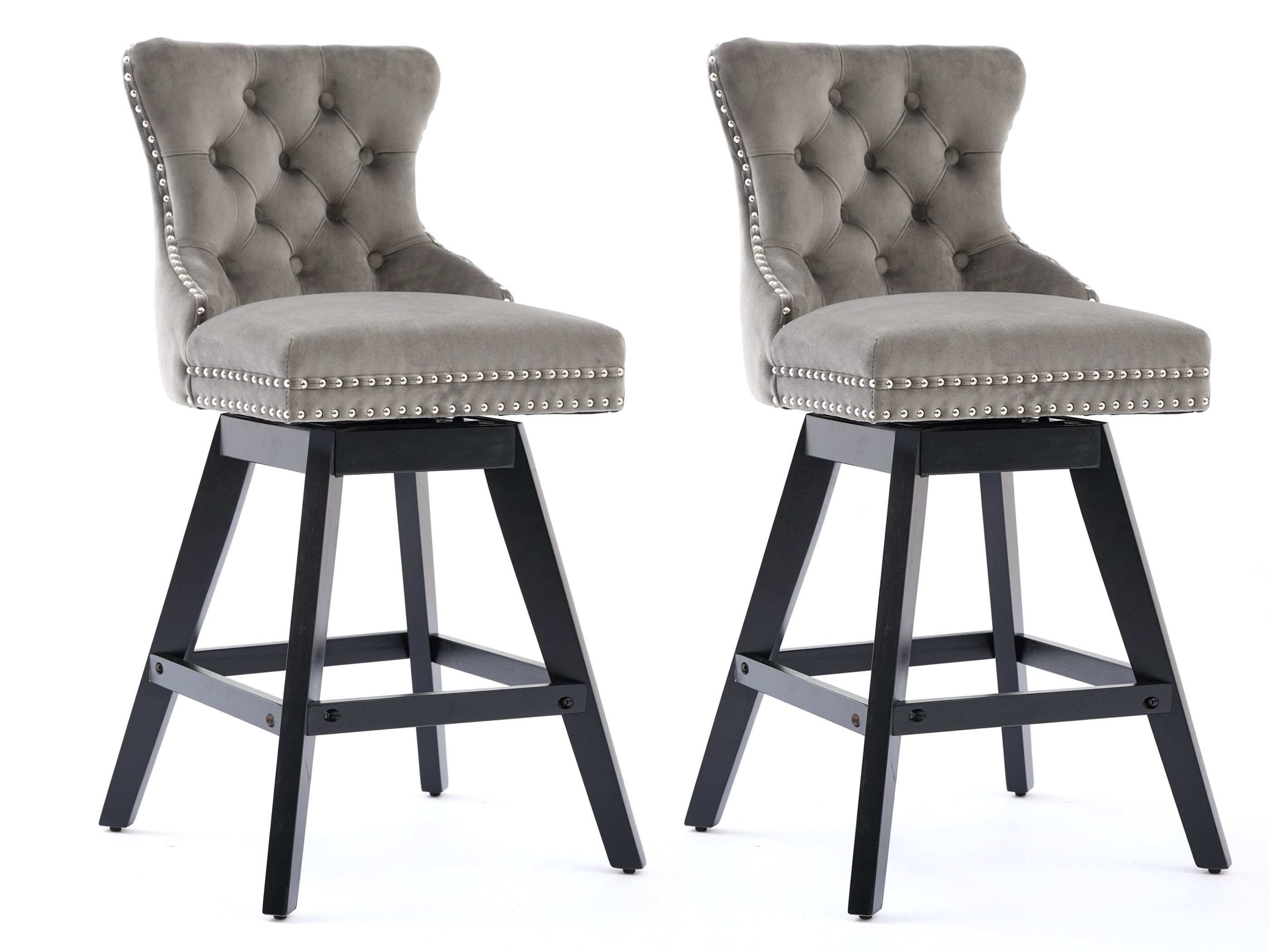 SeedWave Barhocker 2er Set Barstühle Samt Drehstuhl, Gepolsterter Sitz & Massivholzfüße (2er Set), Polsterhocker inkl. Fußstütze, Nieten und Knopf-Design
