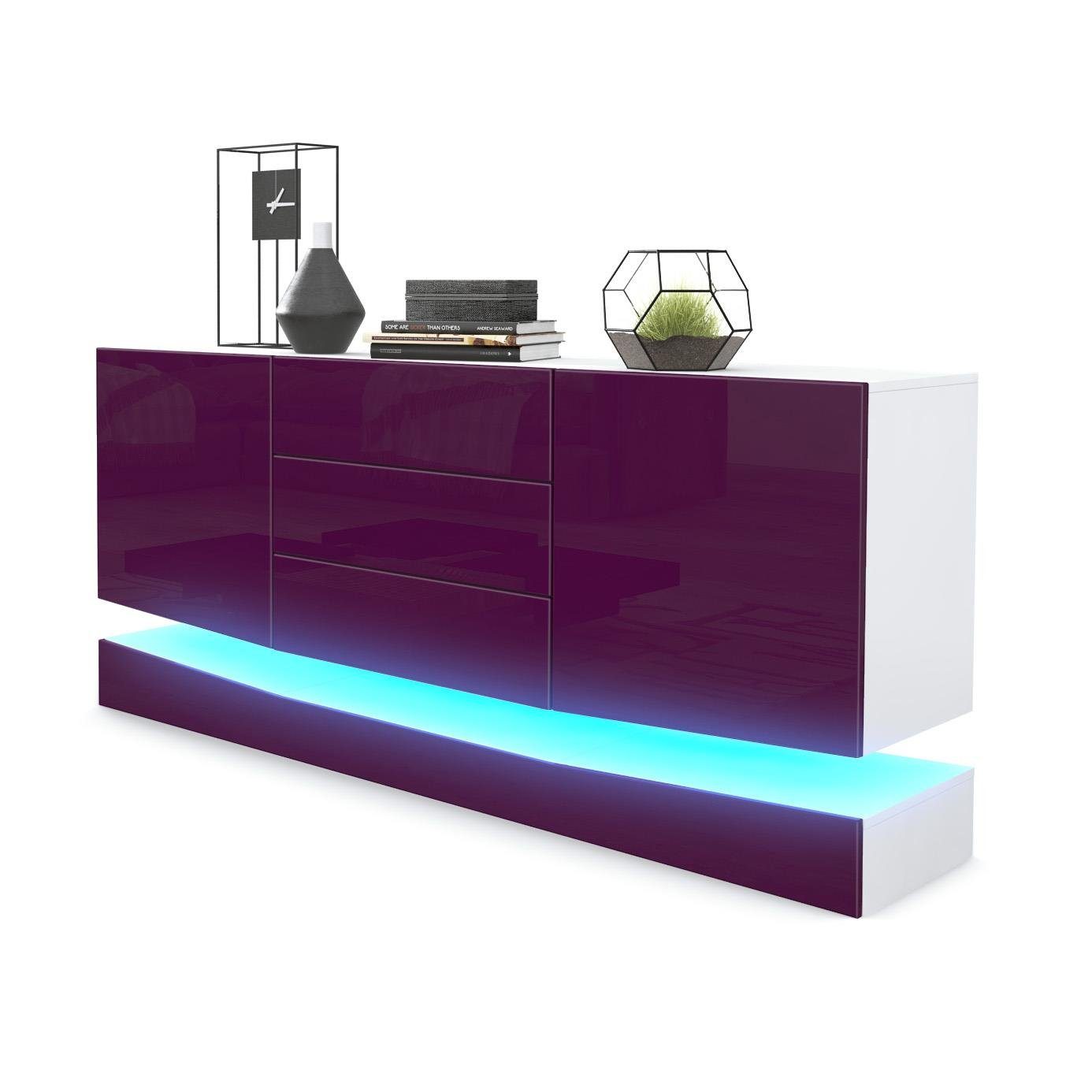 Vladon Sideboard City (Kommode mit 2 Türen, und 3 Schubladen inkl. LED-Beleuchtung), Weiß matt/Brombeer Hochglanz (178 x 72 x 38 cm)