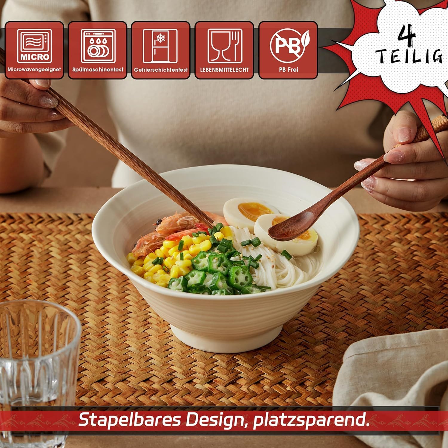 JIWOO Schüssel 4er Ø20cm, Japanische Ramenschüssel Suppenschüssel bowl Pastaschüssel, Keramik, (Schüsselset, 4-tlg), Bowl Hochwertiges Schüsseln Weiß Schüssel Mikrowellenofen Spülmaschine