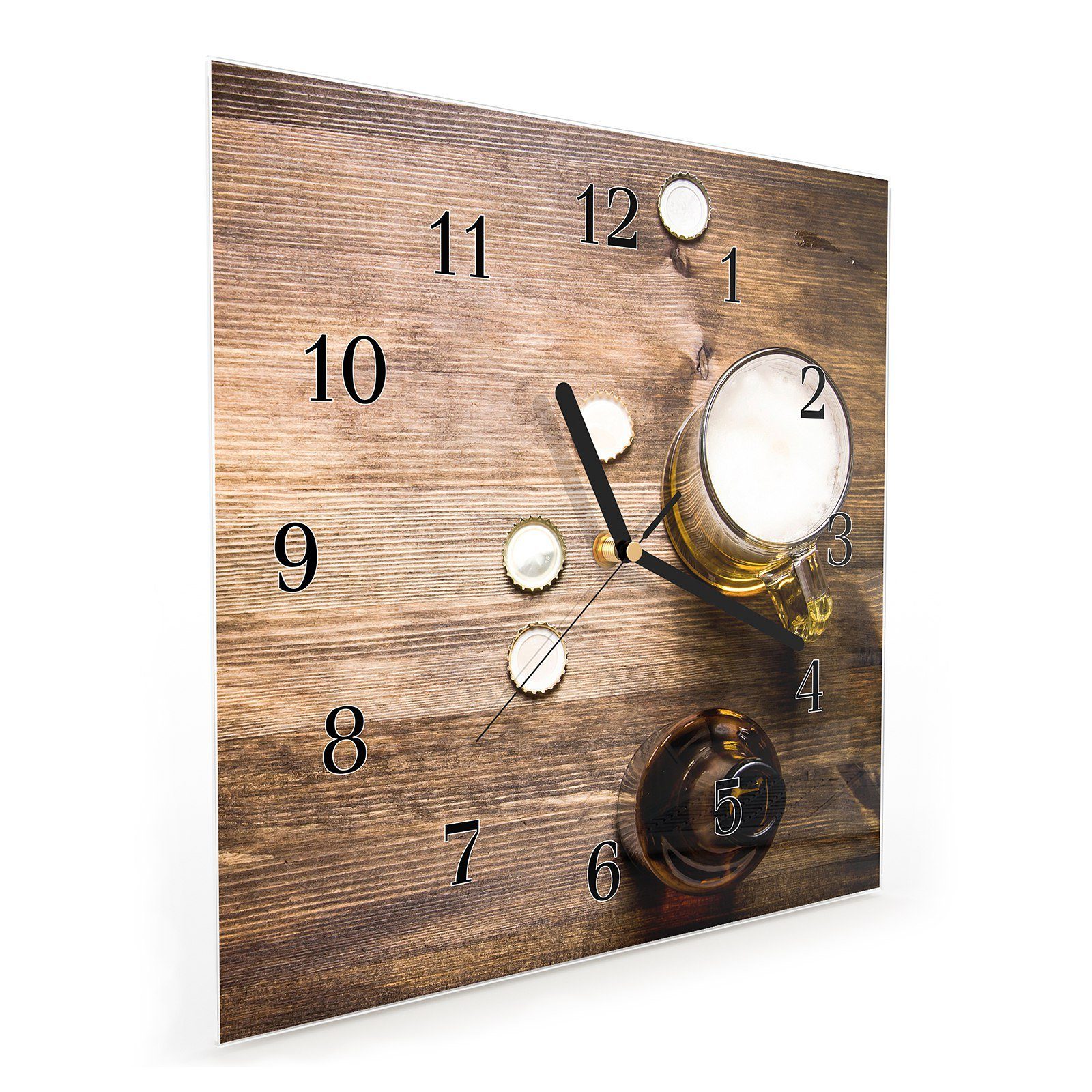 auf Wandkunst Primedeco 30 Holztisch Glasuhr mit Motiv 30 Bierglas Wanduhr Größe cm Wanduhr x