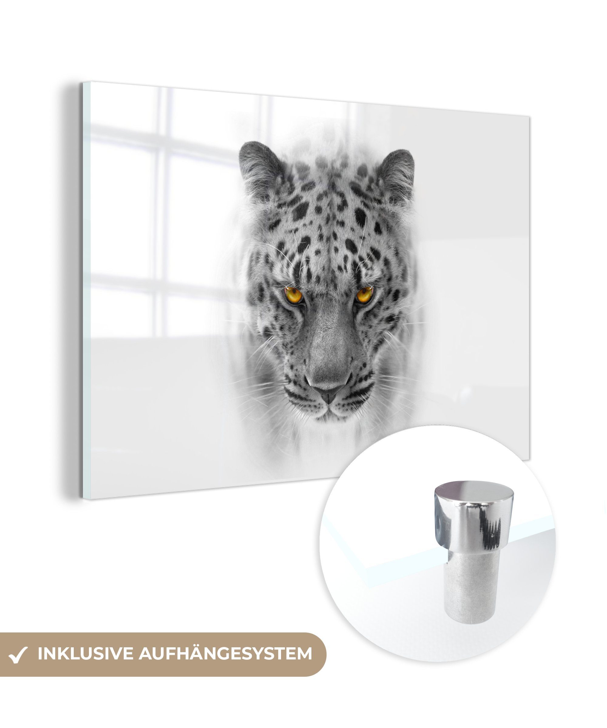 MuchoWow Acrylglasbild Leopard - Schwarz - Weiß - Kopf, (1 St), Glasbilder - Bilder auf Glas Wandbild - Foto auf Glas - Wanddekoration