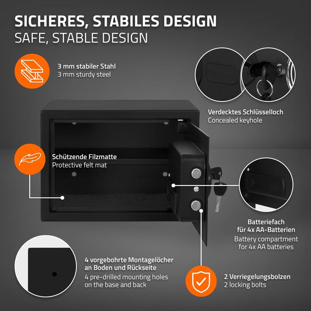 ECD Germany Tresor Elektronischer Safe, Wandtresor mit PIN-Code, Schlüssel & Sensorlicht, Zimmersafe 16L mit Digitaler Tastatur, Möbeltresor
