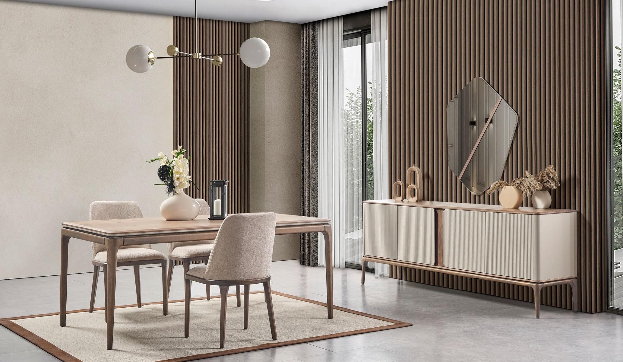 Esszimmer-Set Esstisch mit Stühlen und Sideboard in Beige Holz Modern
