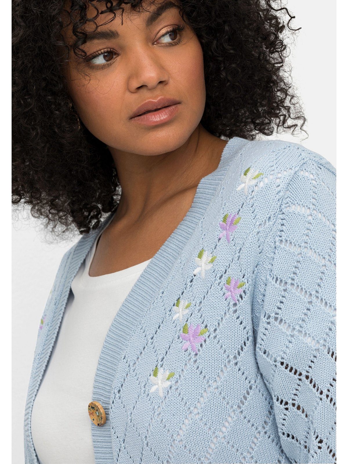 sheego by Joe Browns Strickjacke Ajourmuster Größen im mit Große Blumenstickerei