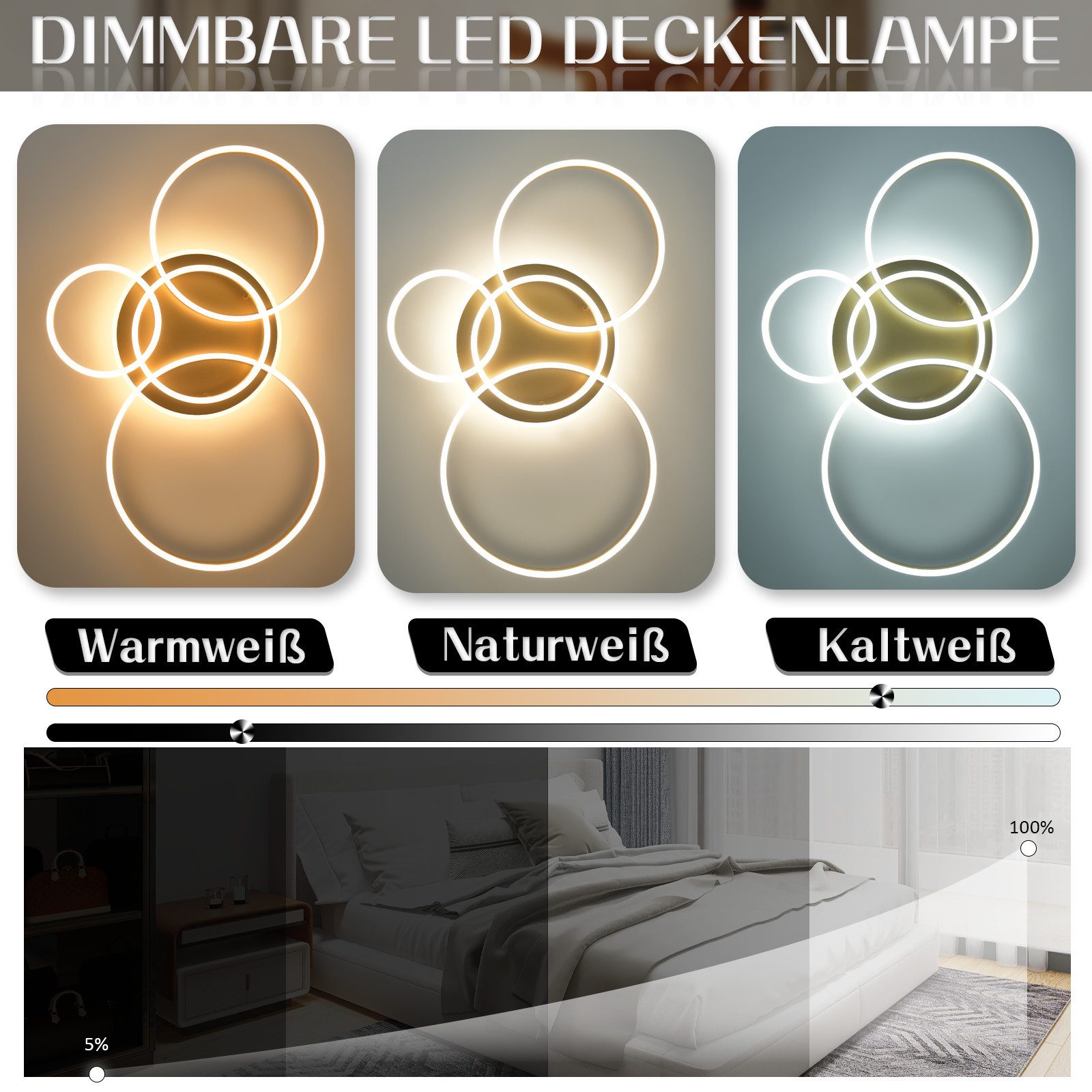 Nettlife LED Deckenleuchte Dimmbar Wohnzimmer Gold 2 Ring 46W 59CM Modern, günstig online kaufen