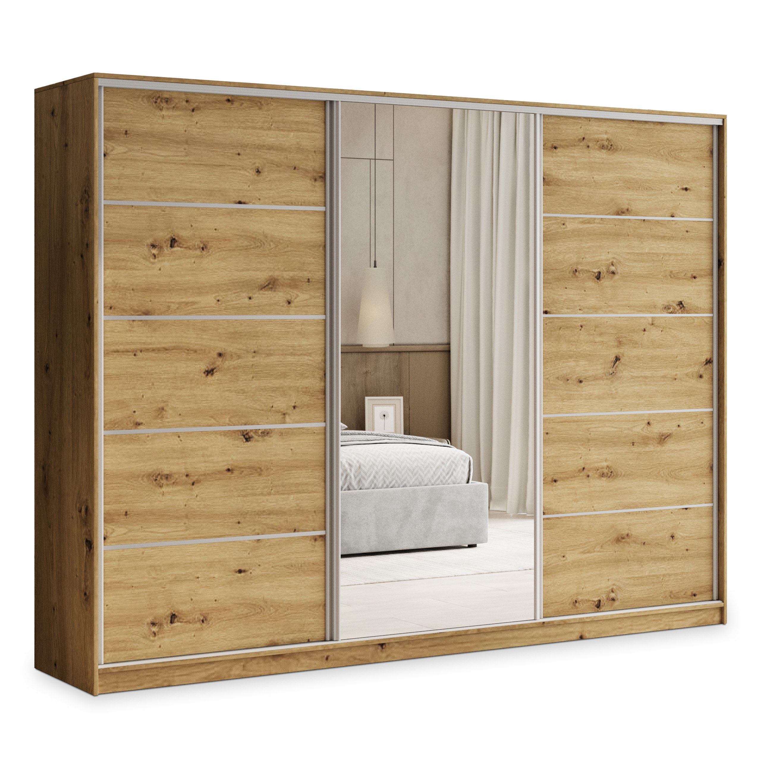 Masseno Schwebetürenschrank PINA 250 cm Kleiderschrank mit Spiegel 3 Türen Eiche Artisan