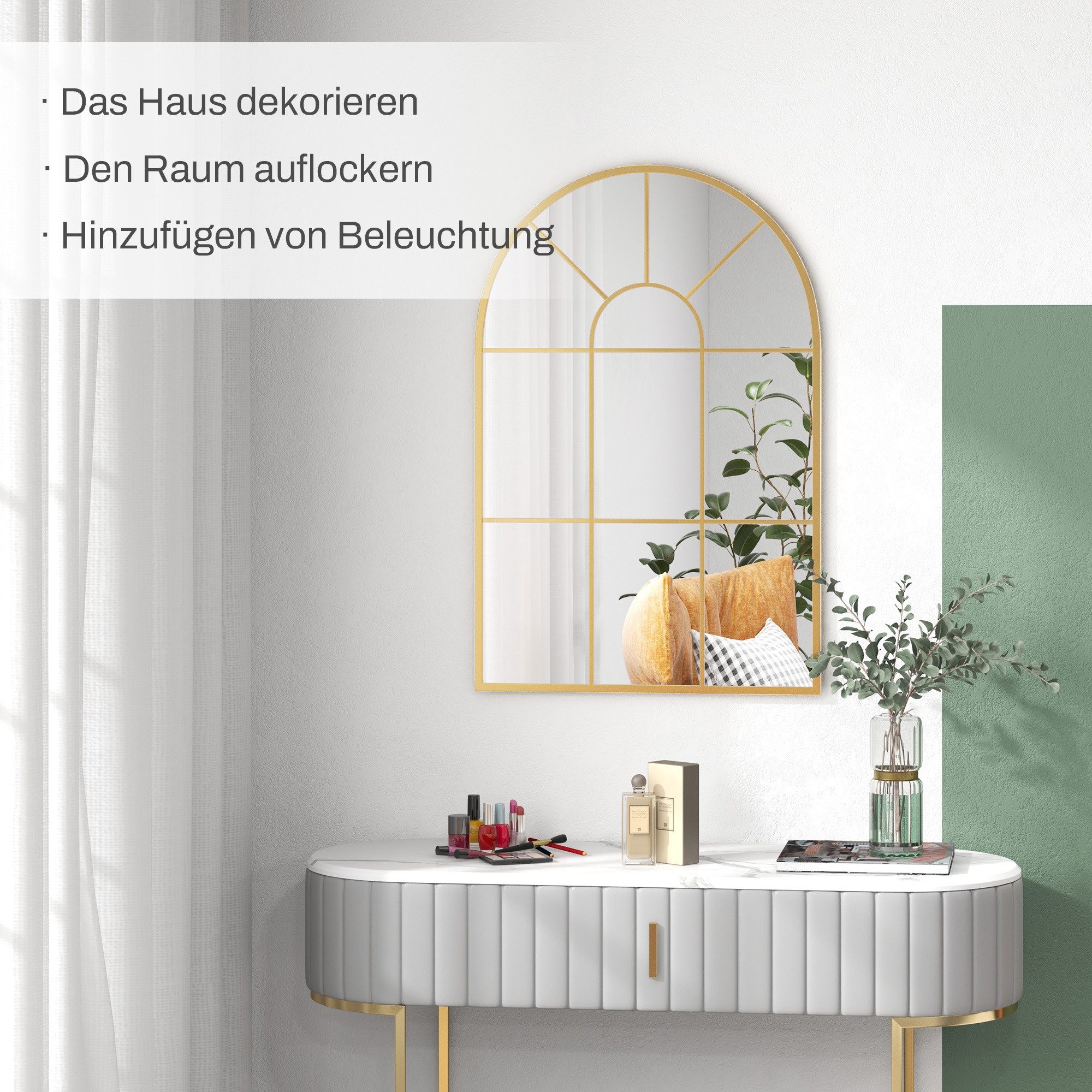 HOMCOM Wandspiegel Hängespiegel Flurspiegel mit Metallrahmen für Schlafzimmer (Fensterspiegel, 1-St., Spiegel), Gold 91 cm x 60 cm x 2 cm – Bild 4 von 5
