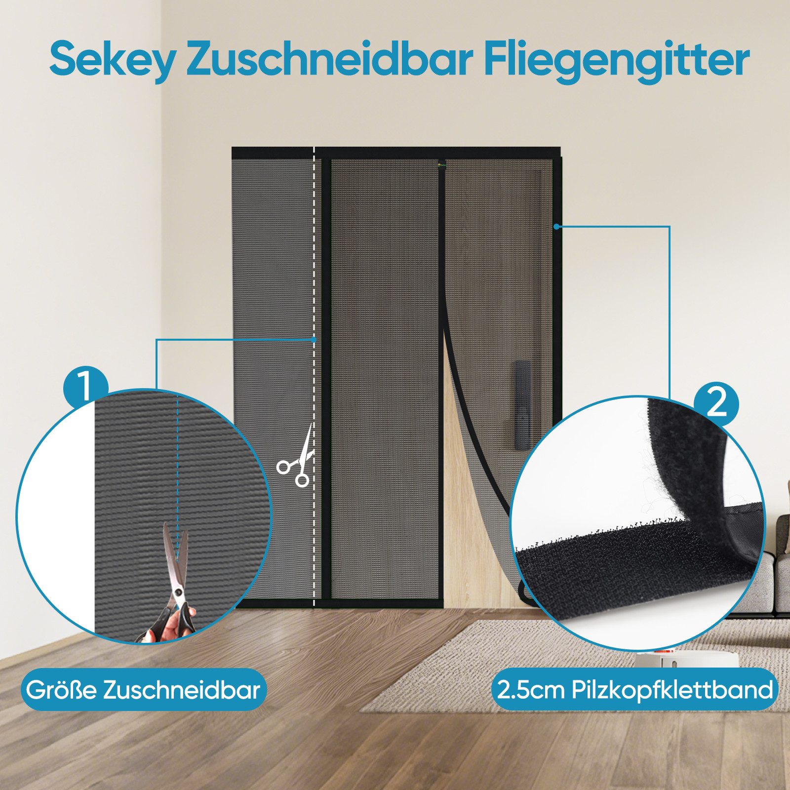 Sekey Insektenschutz-Tür DIY Fliegengitter Tür Magnet Magnetvorhang für Balkontür Schwarz, Breite nach Maß, Zuschneidbar, ohne Bohren, Klebemontage