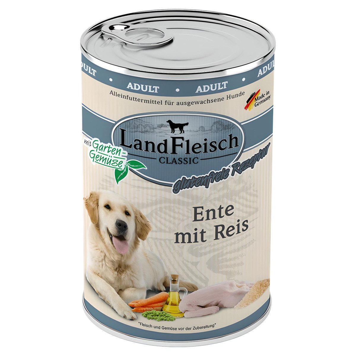 LANDFLEISCH Classic Ente mit Reis & Gartengemüse 400 g - 6 Stück, Nassfutter für: Hund