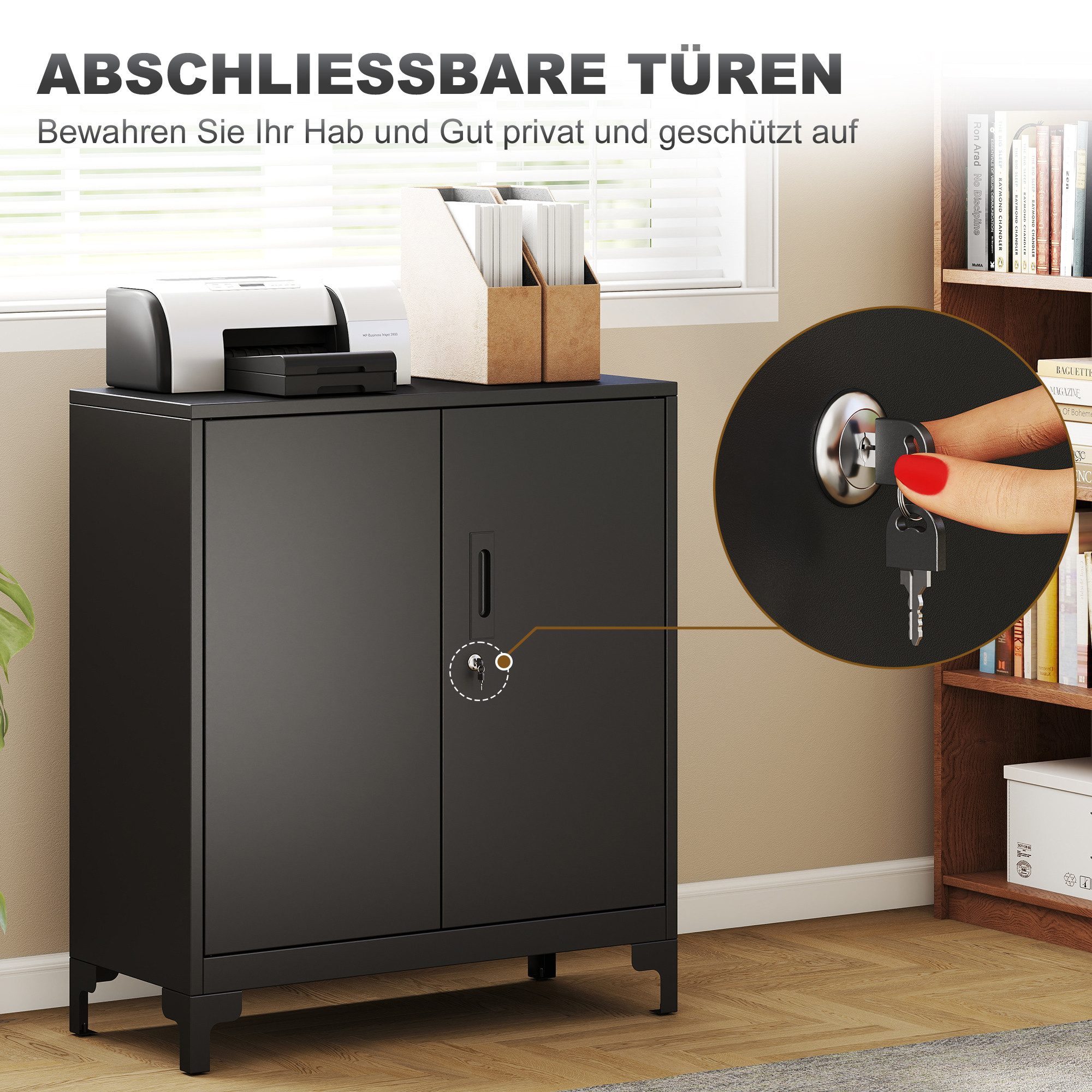 HOMCOM Aktenschrank Büroschrank Abschließbar Mehrzweckschrank mit 2 Ebenen, 2 Türen (Metallschrank, 1-St., Aufbewahrungsschrank) Allzweckschrank 80 x 35 x 91 cm – Bild 5 von 5
