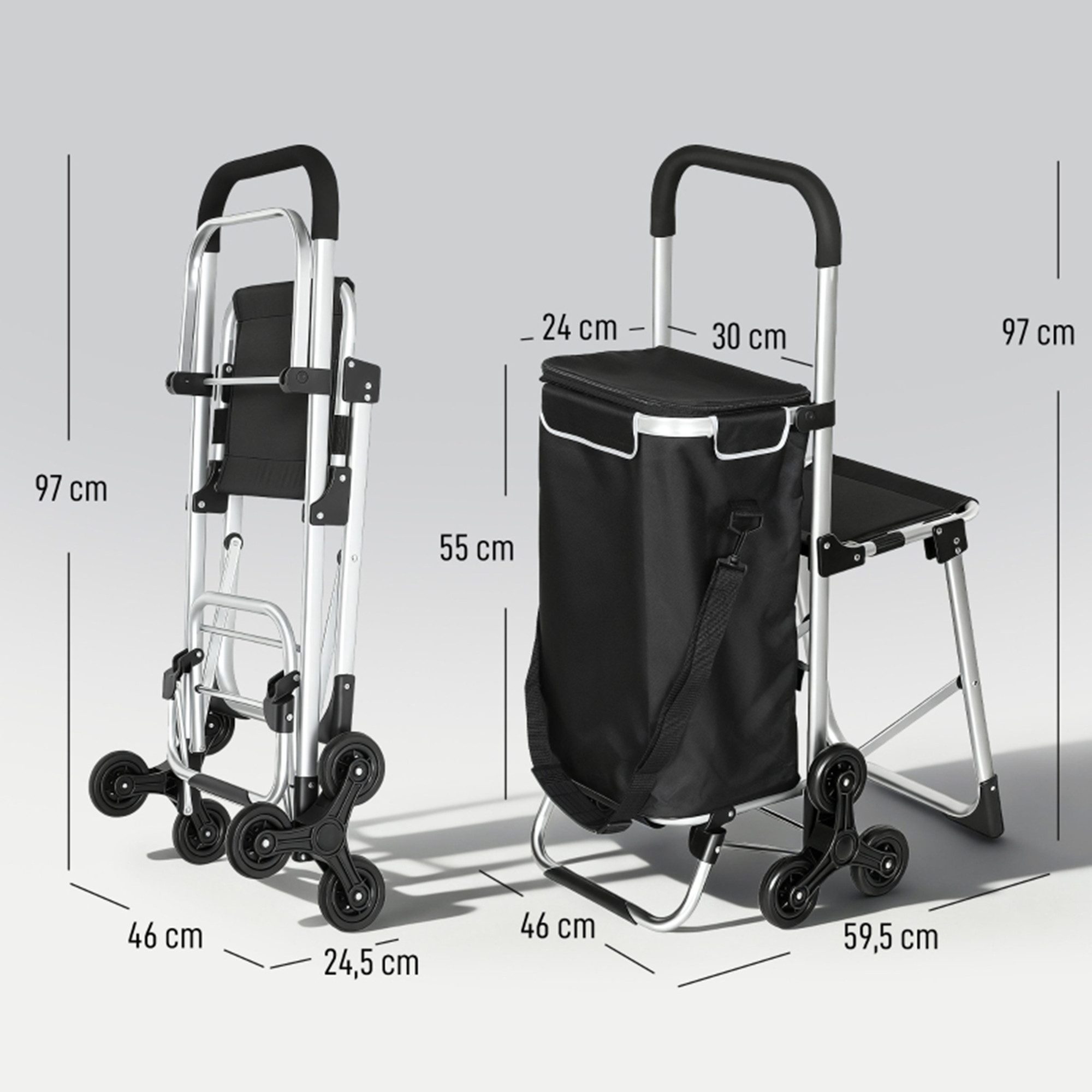MC Star Einkaufstrolley 40 L Oxford-Tasche, 3-Rad-Design, Aluminiumrahmen, Sitz, Grau – Bild 5 von 5