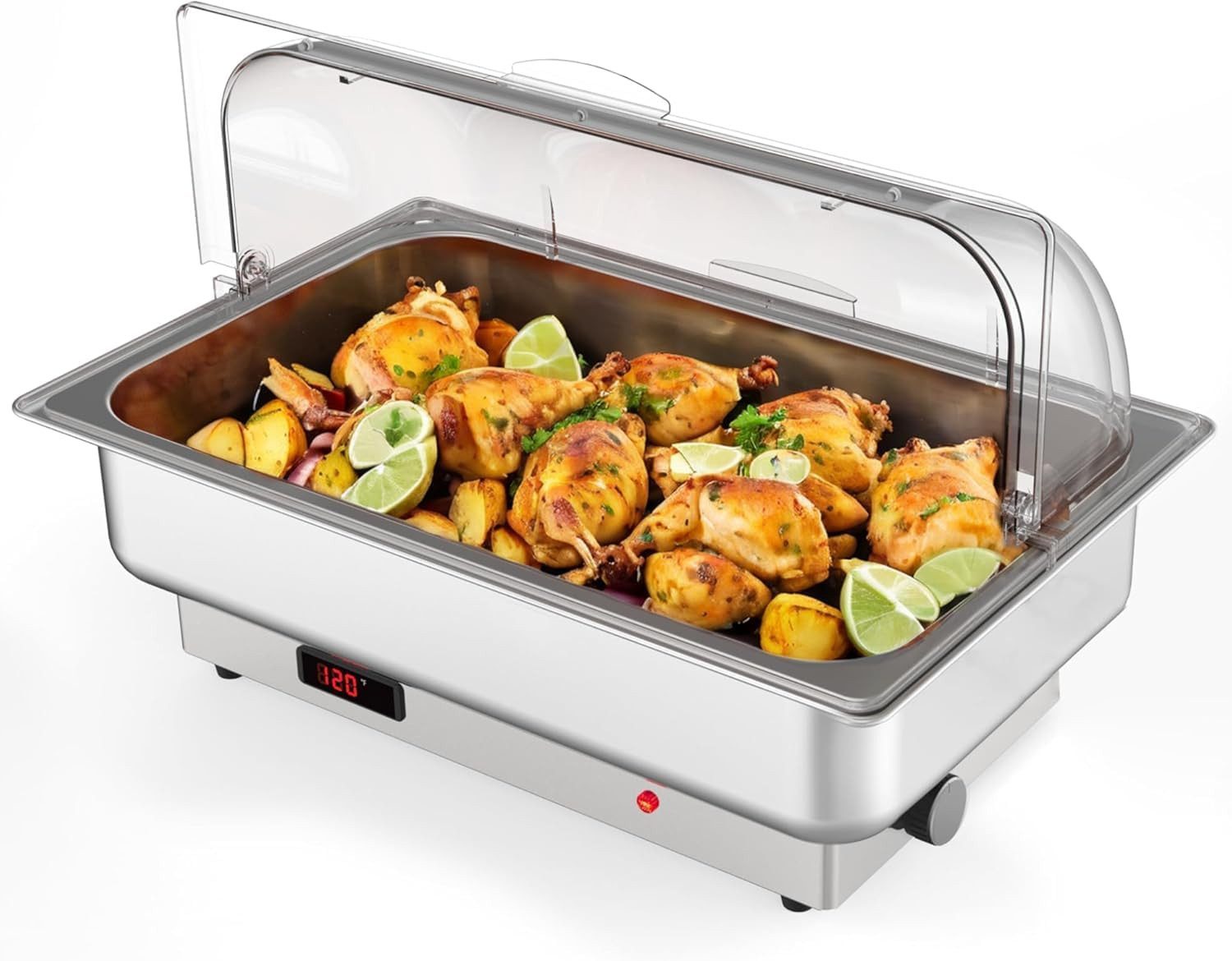 GarveeMore Speisenwärmer Elektrischer Chafing Dish 600W,Warmhaltebehälter Mit PC-Rolltop-Deckel, Edelstahl Buffet Wärmer 220V EU-Stecker,Elektrisches Speisenwärmegerät
