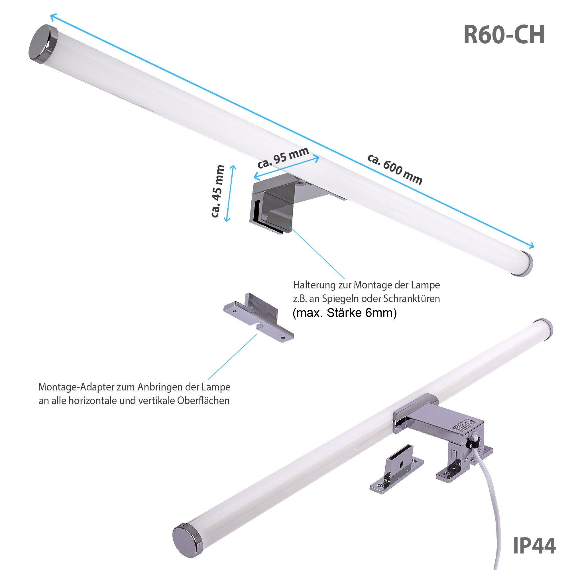 Maxkomfort LED Spiegelleuchte Badezimmer, 30/60cm, schwarz/weiß/chrom/acryl - IP44, LED fest integriert, Neutralweiß, Moderne Badbeleuchtung, Schranklicht, Schminklicht, ohne Schalter
