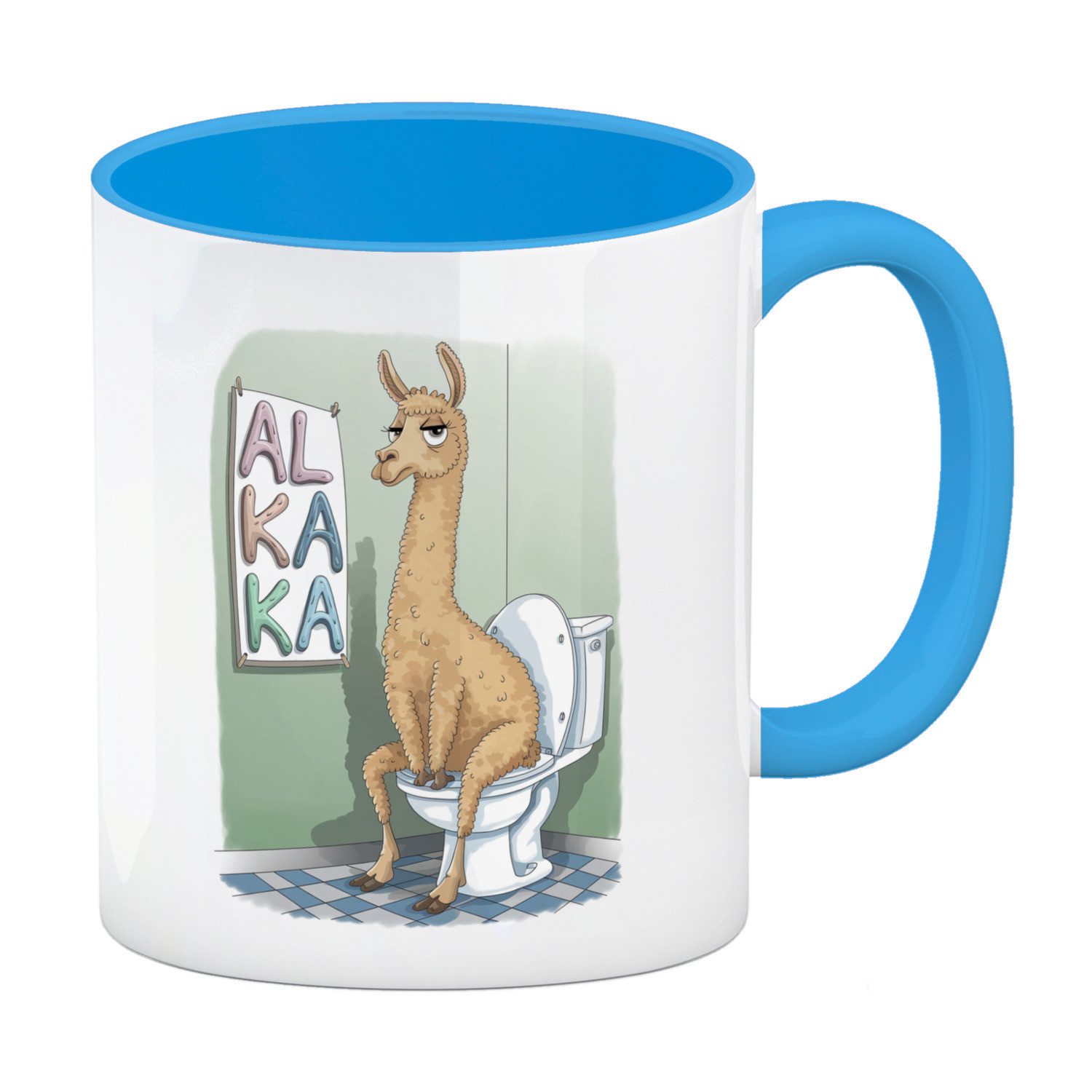 speecheese Tasse Lama auf Toilette ALKAKA Kaffeebecher in hellblau