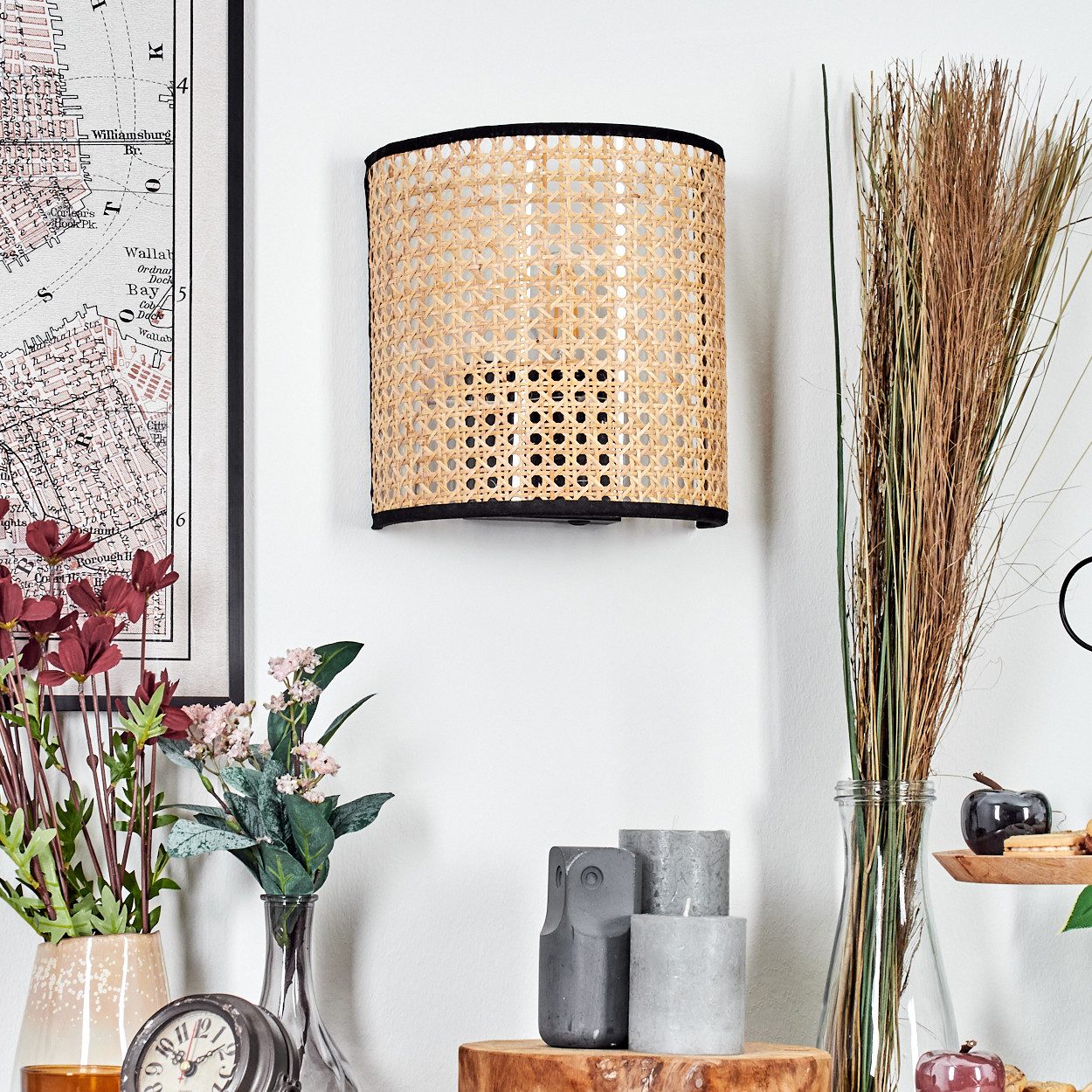 hofstein Wandleuchte Wandlampe aus Metall/Rattan/Wienergeflecht/Stoff in günstig online kaufen