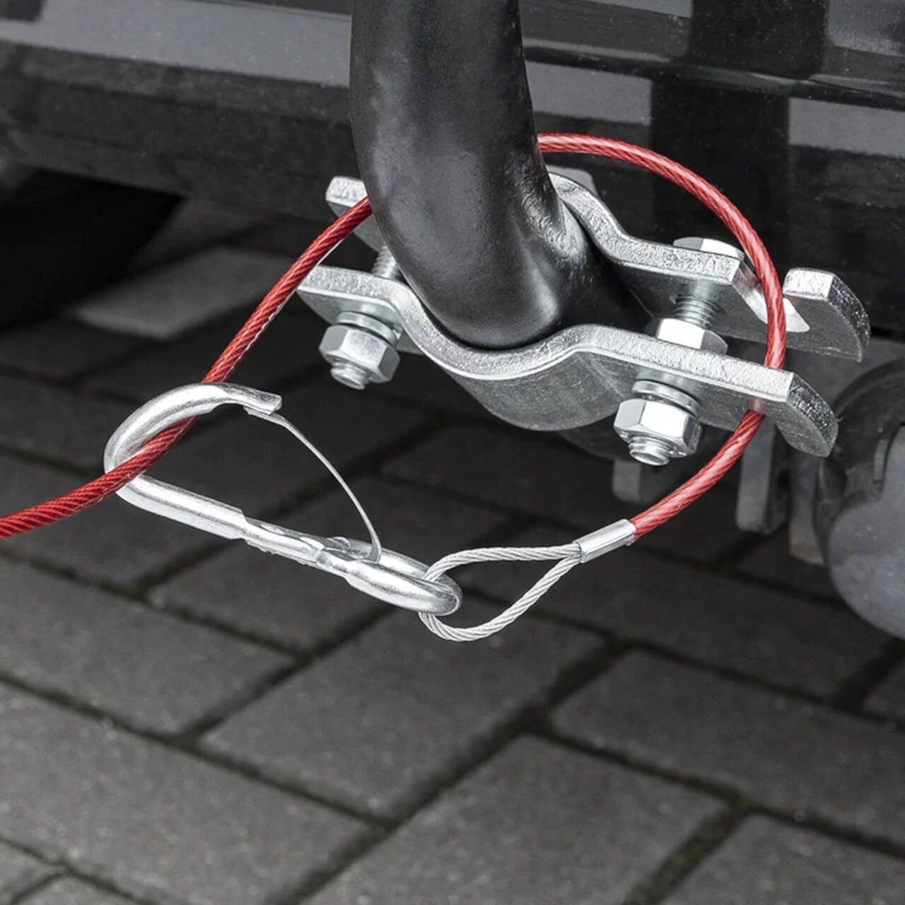 ProPlus Anhänger-Abstellstütze Abreißseil mit Ring und Karabinerhaken 1 Meter im Blister, Anhängerseil Stahlseil Sicherungsseil Fangseil