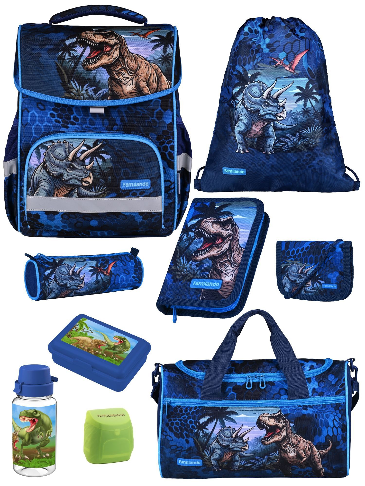 Familando Schulranzen Basic Plus 1.-4. Klasse ergonomisch, leicht, Volumen 15 Liter (Set, 9-tlg., inkl. Lunch-Set und Sporttasche), Dino T-Rex Dinosaurier Motiv