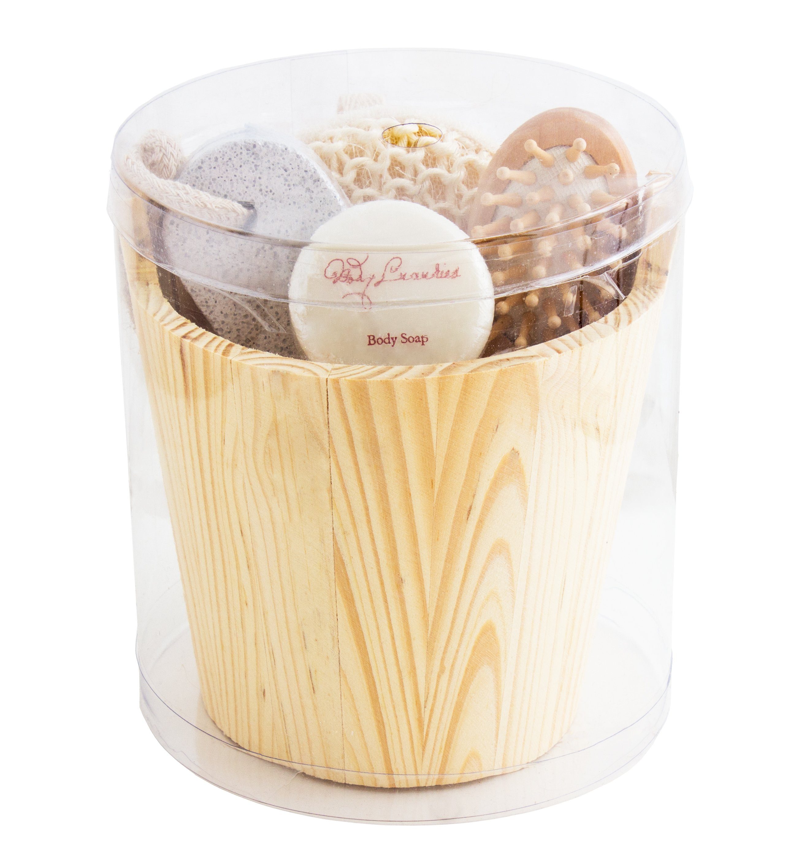 BRUBAKER Hautreinigungs-Set Geschenkset im Holzeimer, 5-tlg., Holzkübel Wellness Set mit Peelingschwamm, Haarbürste, Bimsstein Seife