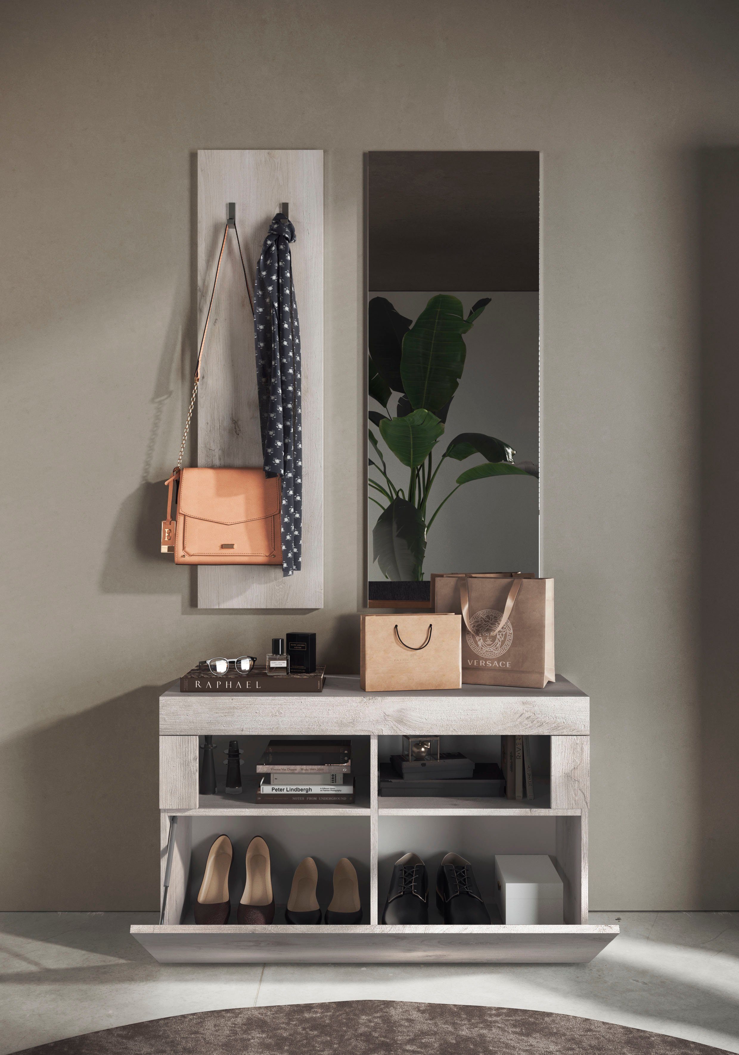 INOSIGN Garderoben-Set Basic 3tlg. Breite 91 cm, Höhe 187 cm, Wandgarderobe, (3-St), (Schuhbank, Garderobenpaneel, Spiegel), Pinie Weiss NB