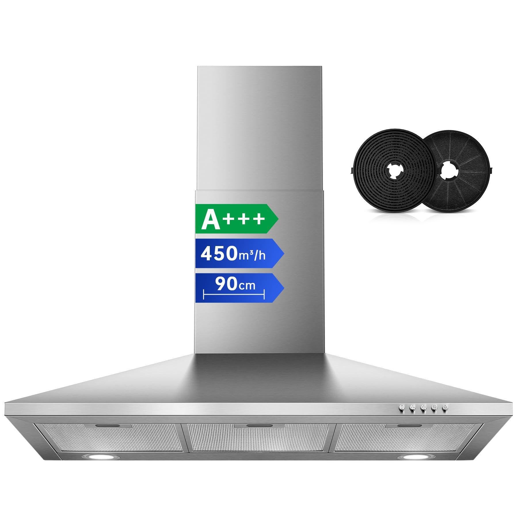 SNDOAS Kopffreihaube Dunstabzugshaube, Edelstahl – Wandhaube inkl. Aktivkohlefilter, A+++ Dunstabzugshaube, Edelstahl – Wandhaube inkl. Aktivkohlefilter, A+++, Konvertierbar Abluft/Umluft inkl. Aktivkohlefilter, 90cm, 450m³/h
