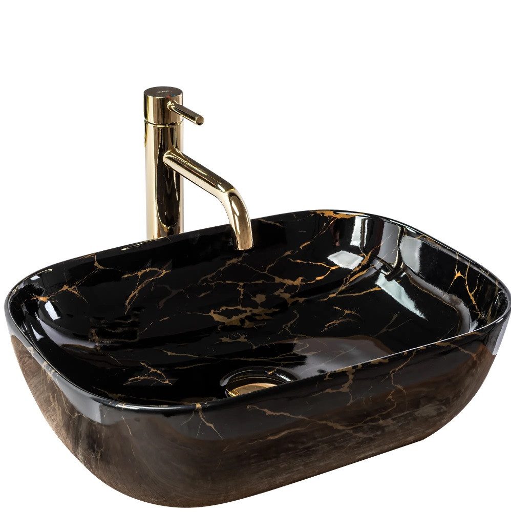 wohnwerk.idee Aufsatzwaschbecken Waschbecken Marmor Schwarz 46,5x33,5cm Belinda Marble Black Matt